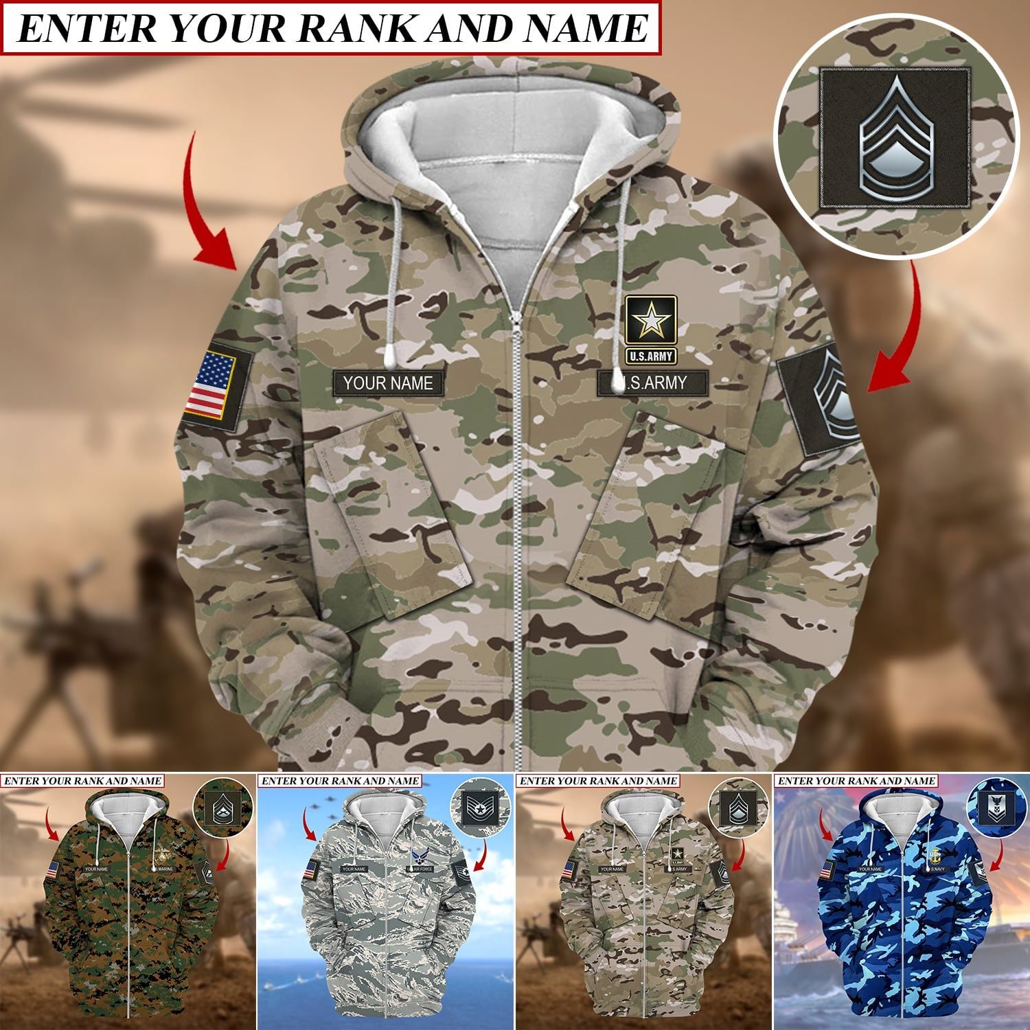 Personalized Premium Multiple US Military Services Veteran Zip Hoodie