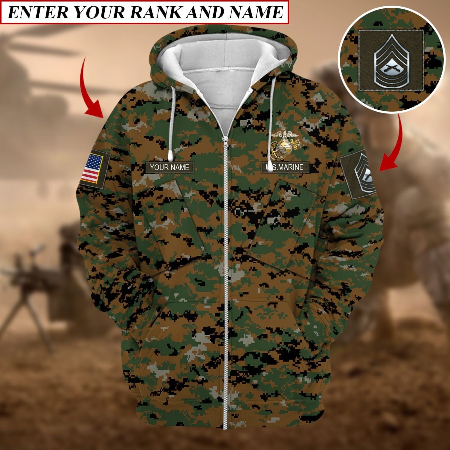 Personalized Premium Multiple US Military Services Veteran Zip Hoodie