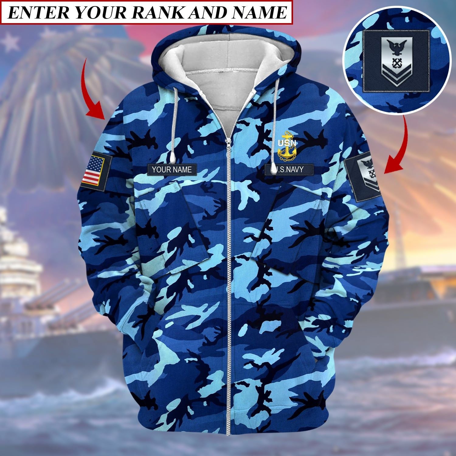Personalized Premium Multiple US Military Services Veteran Zip Hoodie