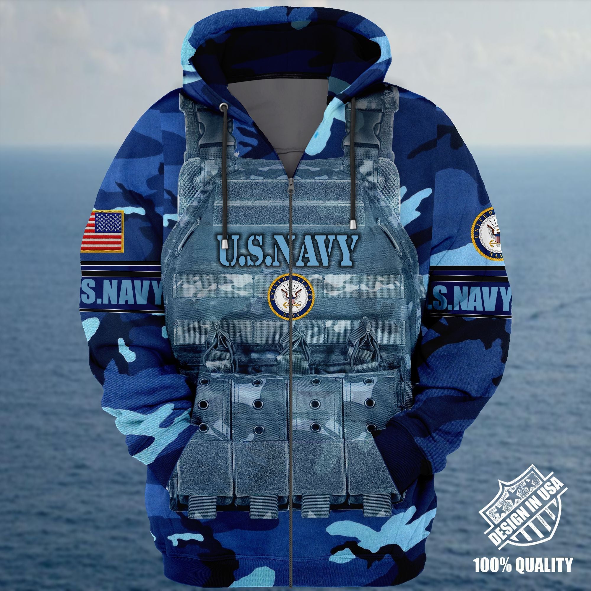 Premium Unique Veteran Zip Hoodie Ultra Soft and Warm Navy