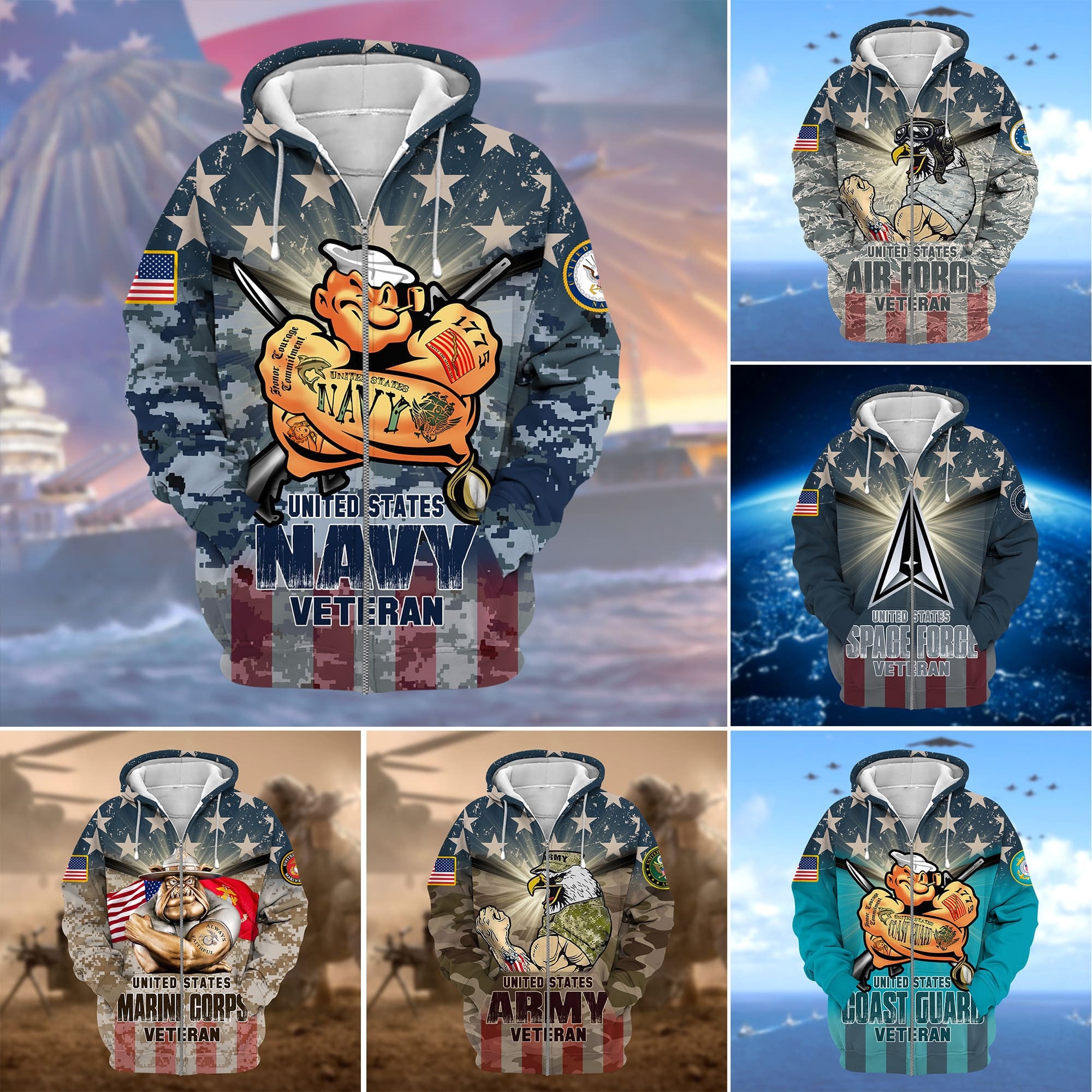 Premium Multiple US Military Services Veteran Zip Hoodie