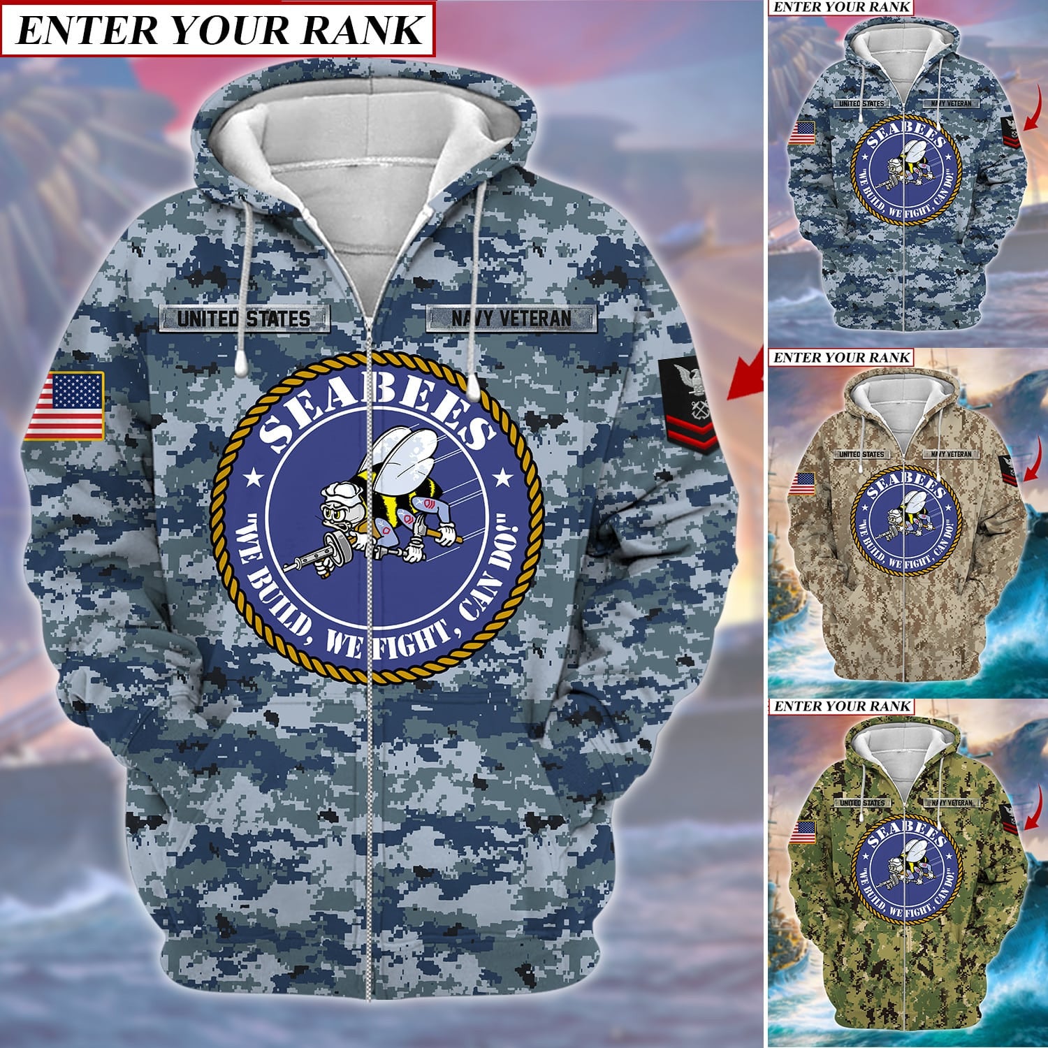 Unique U.S Navy SEABEES Veteran Zip Hoodie
