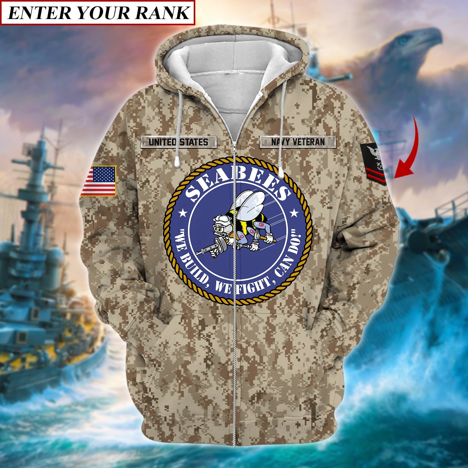 Unique U.S Navy SEABEES Veteran Zip Hoodie