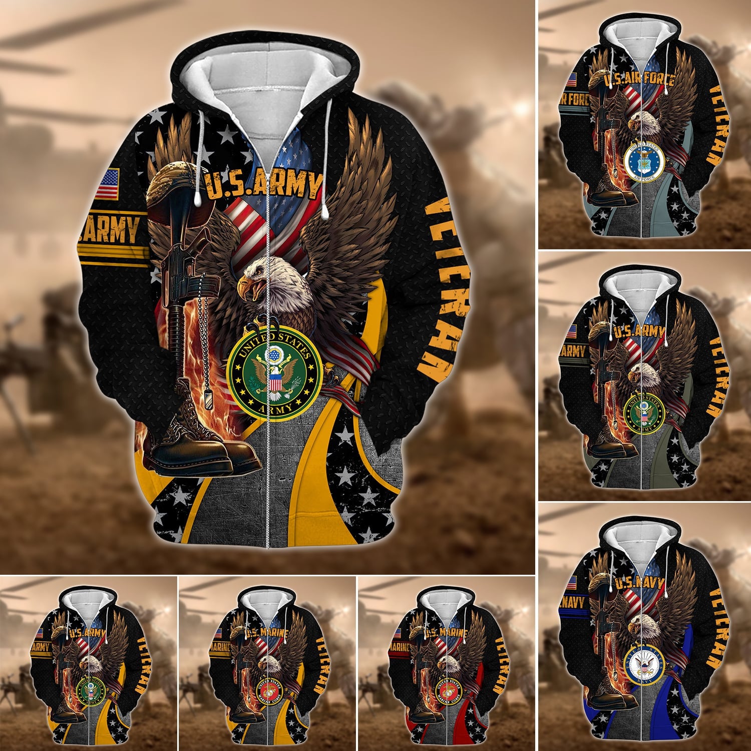 Premium Multiple US Military Services Veteran Zip Hoodie