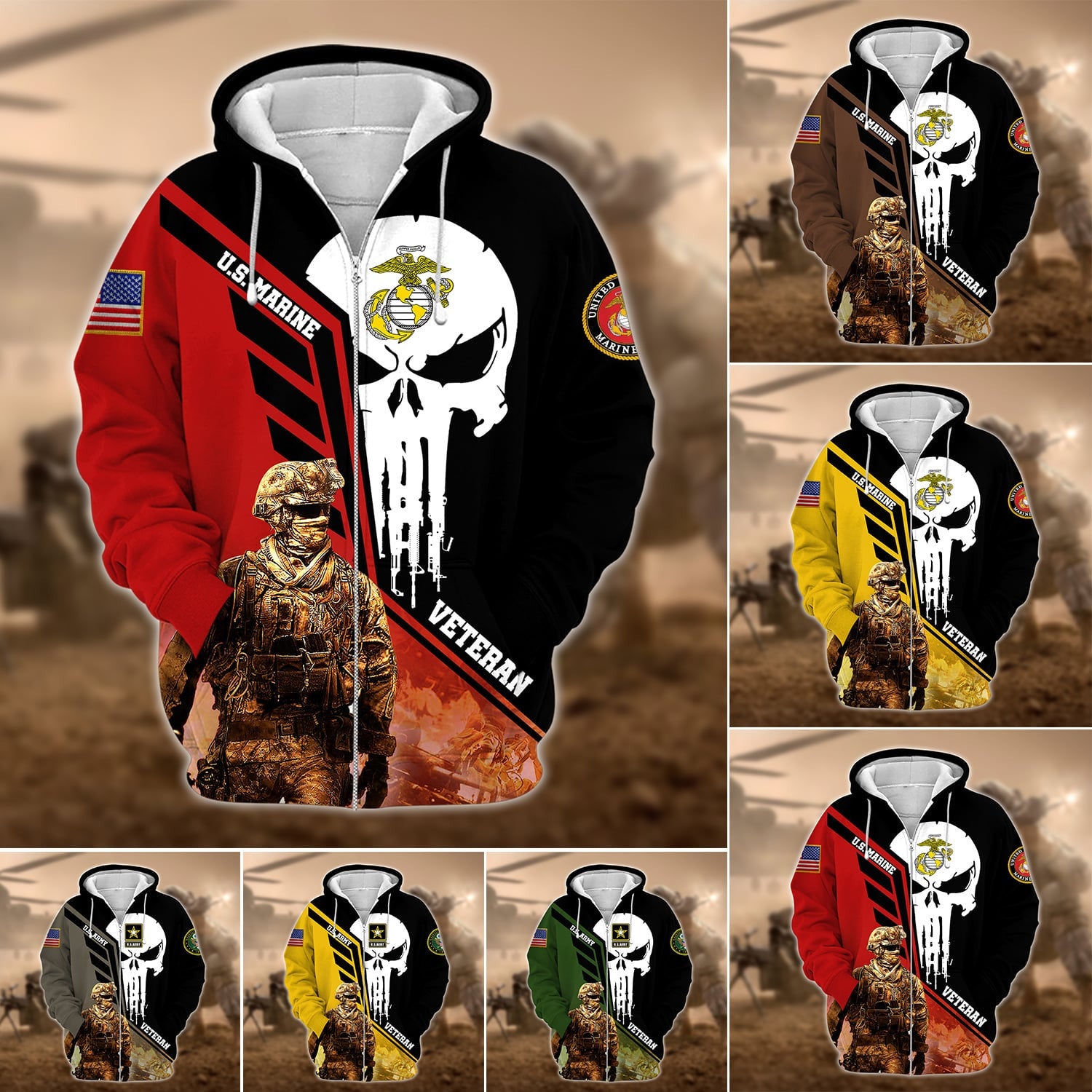 Premium Multiple US Military Services Veteran Zip Hoodie