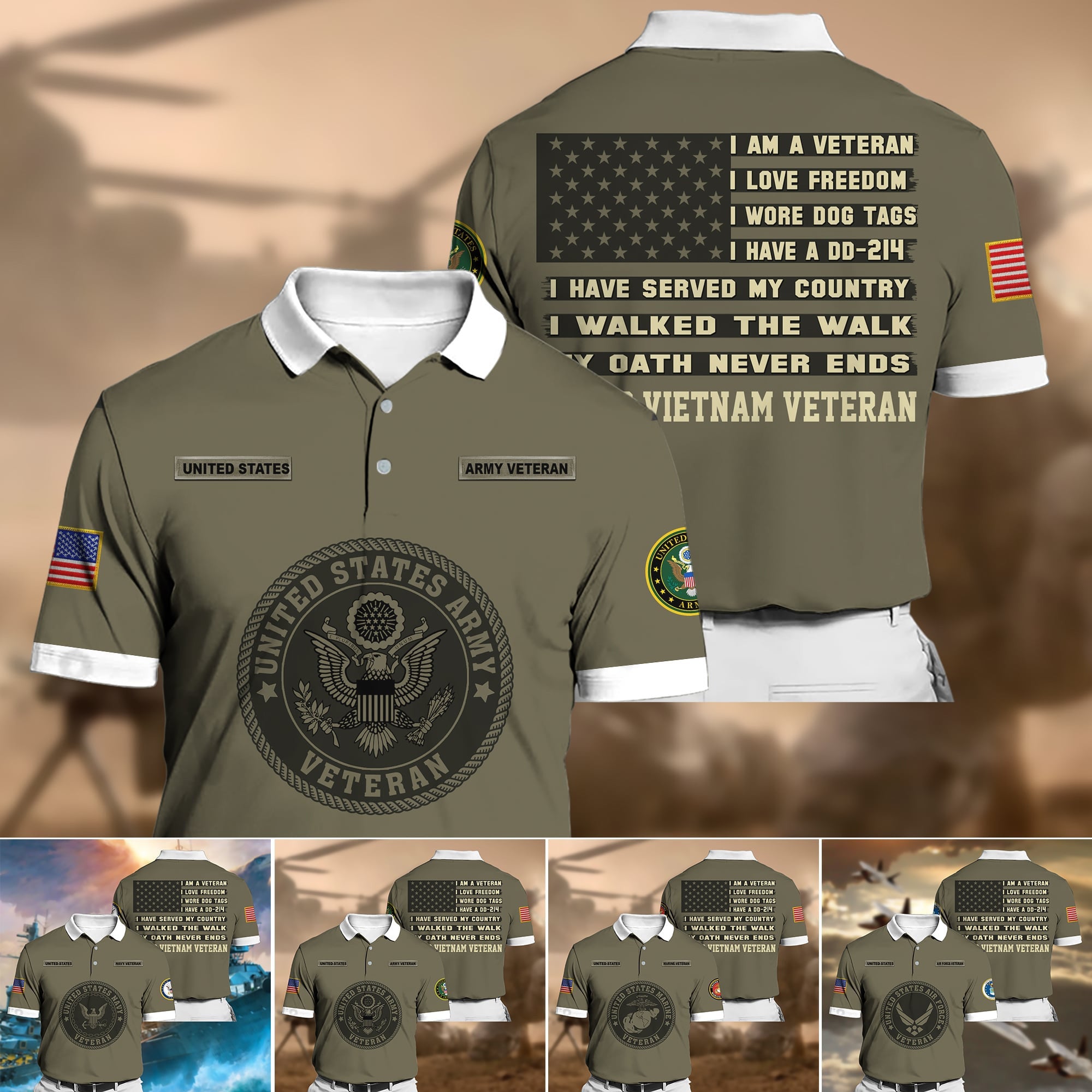 Premium Multiple US Military Services Veteran Polo