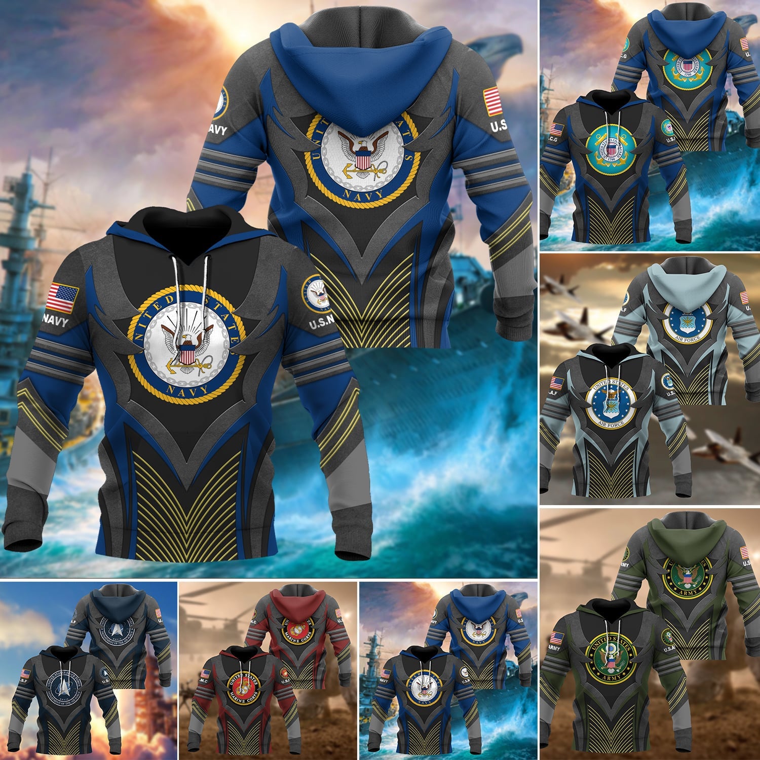 Premium Multiple US Military Services Veteran Hoodie