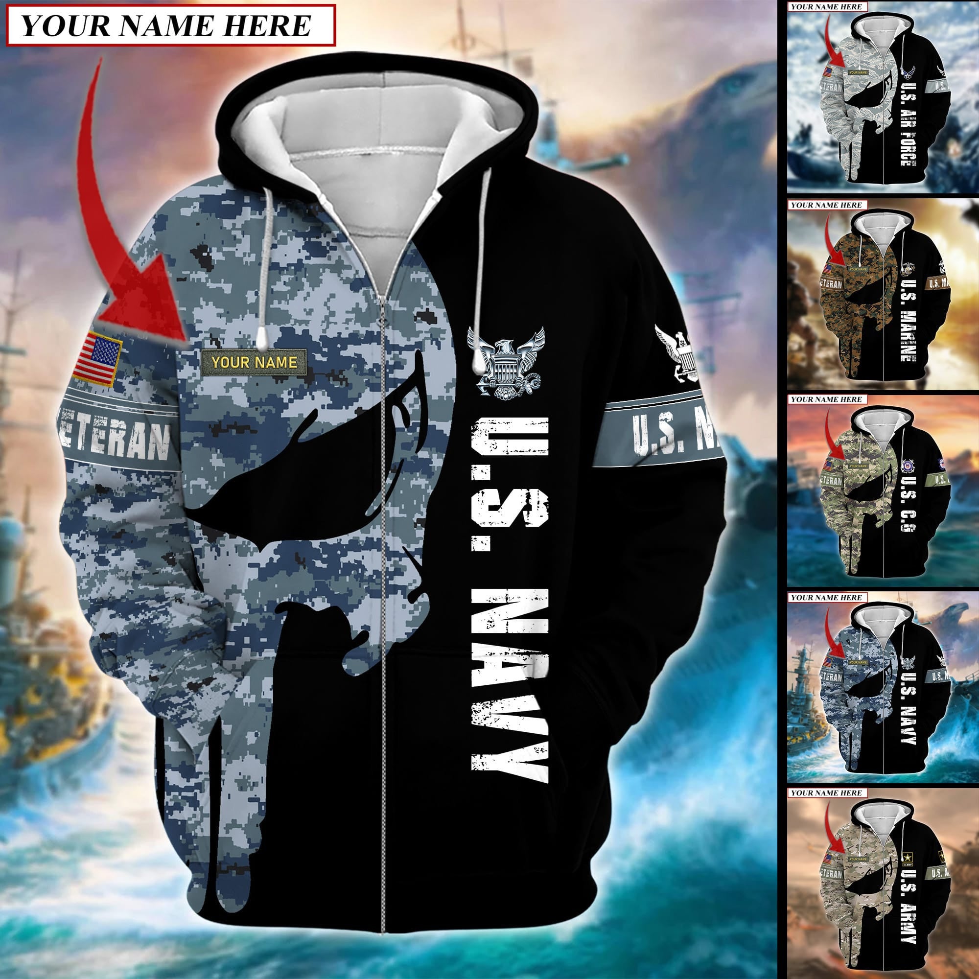 Premium Multiple US Military Services Veteran Personalize Zip Hoodie