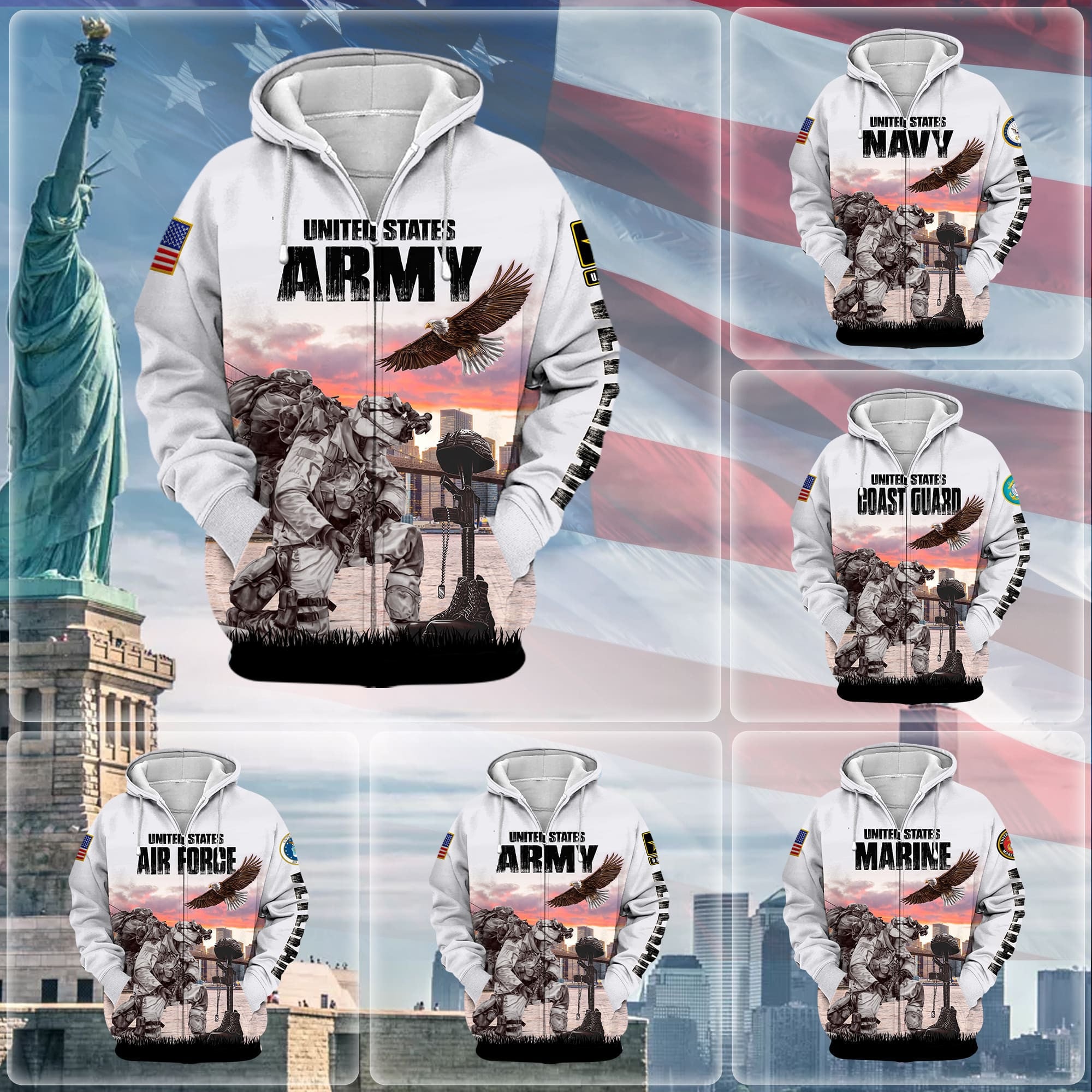 Unique Multiple Service US Veteran Zip Hoodie