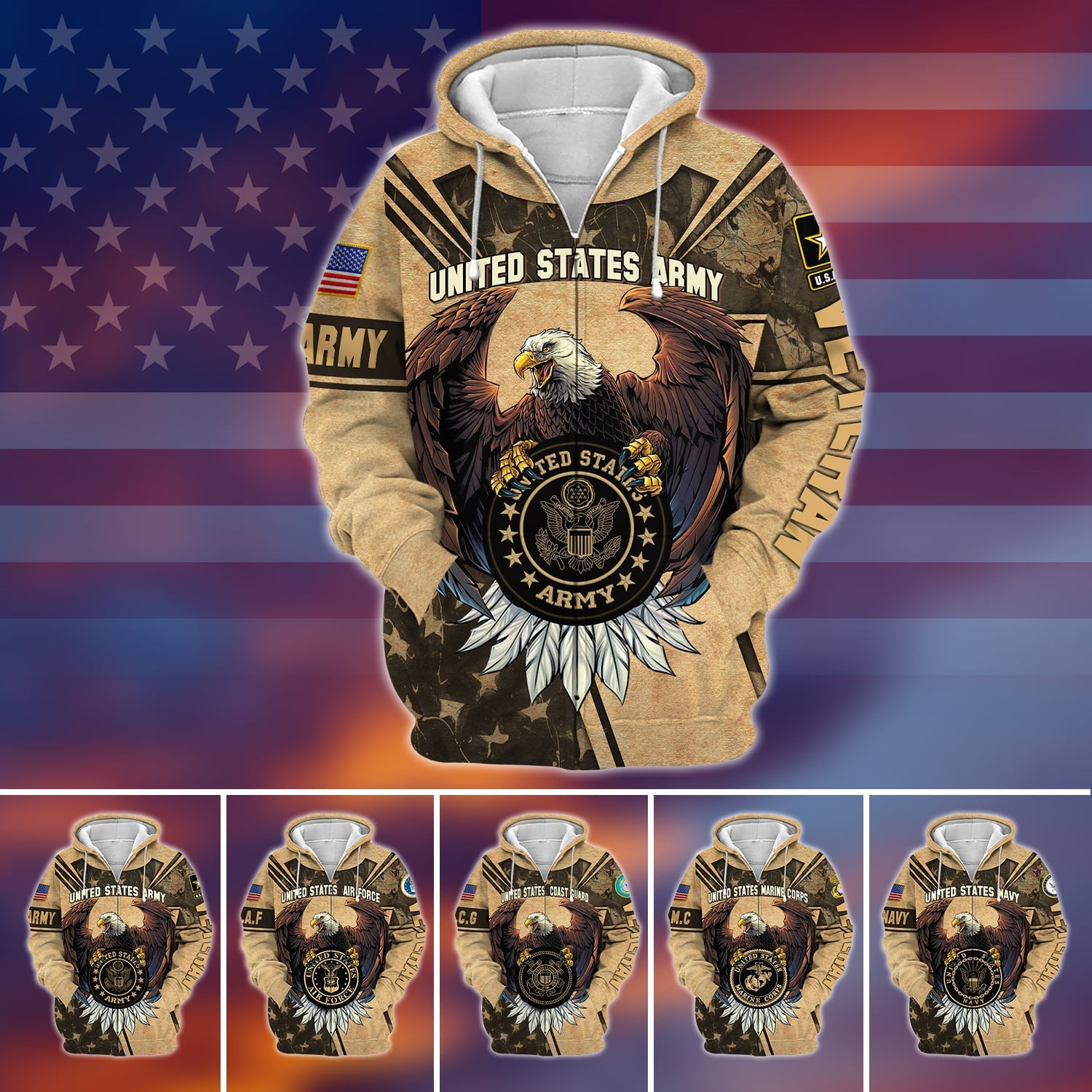 Premium U.S Multiple Service Veteran Zip Hoodie