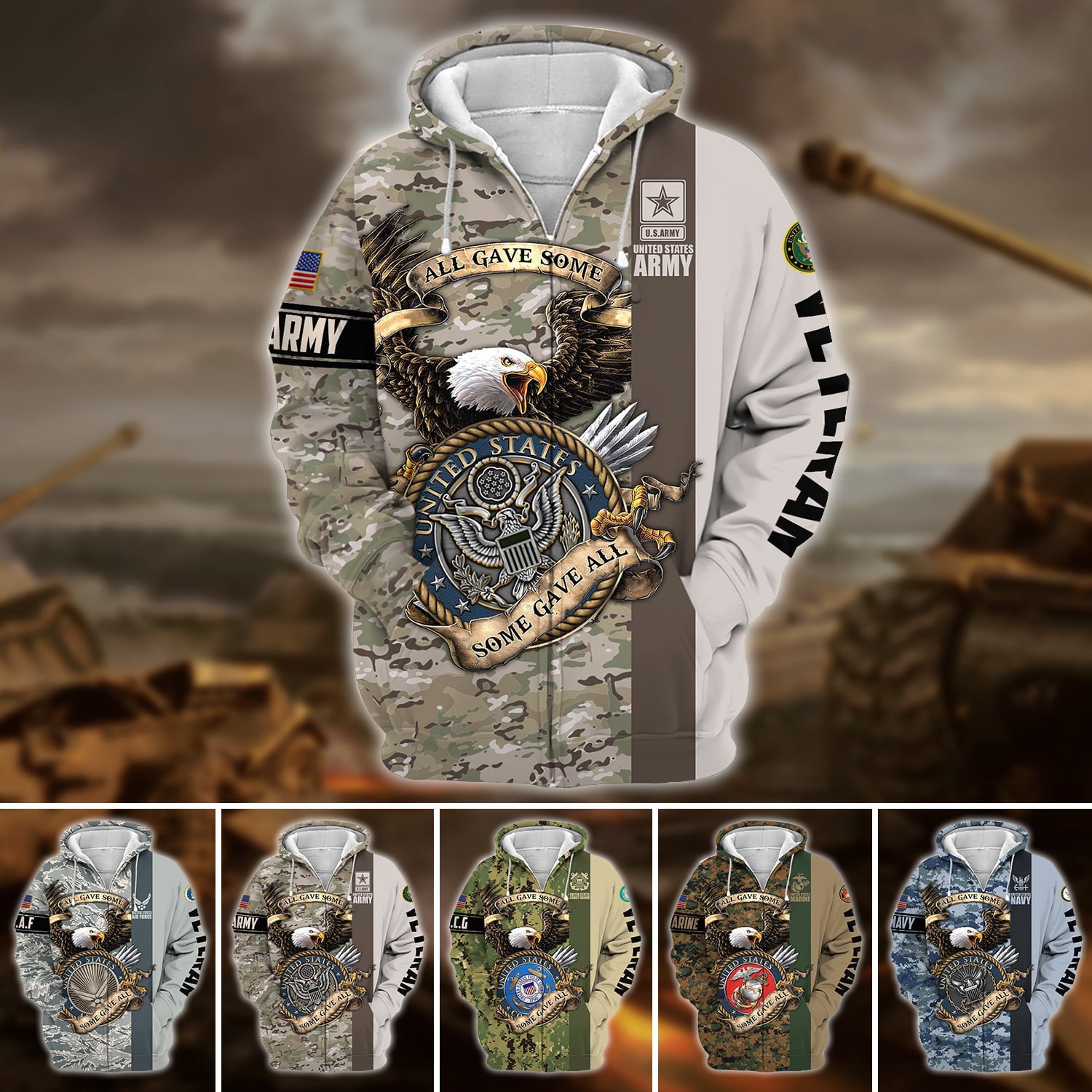 Premium U.S Multiple Service Veteran Zip Hoodie
