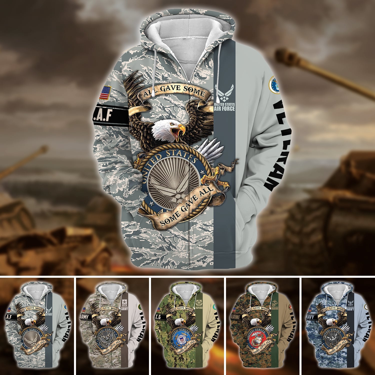 Premium U.S Multiple Service Veteran Zip Hoodie