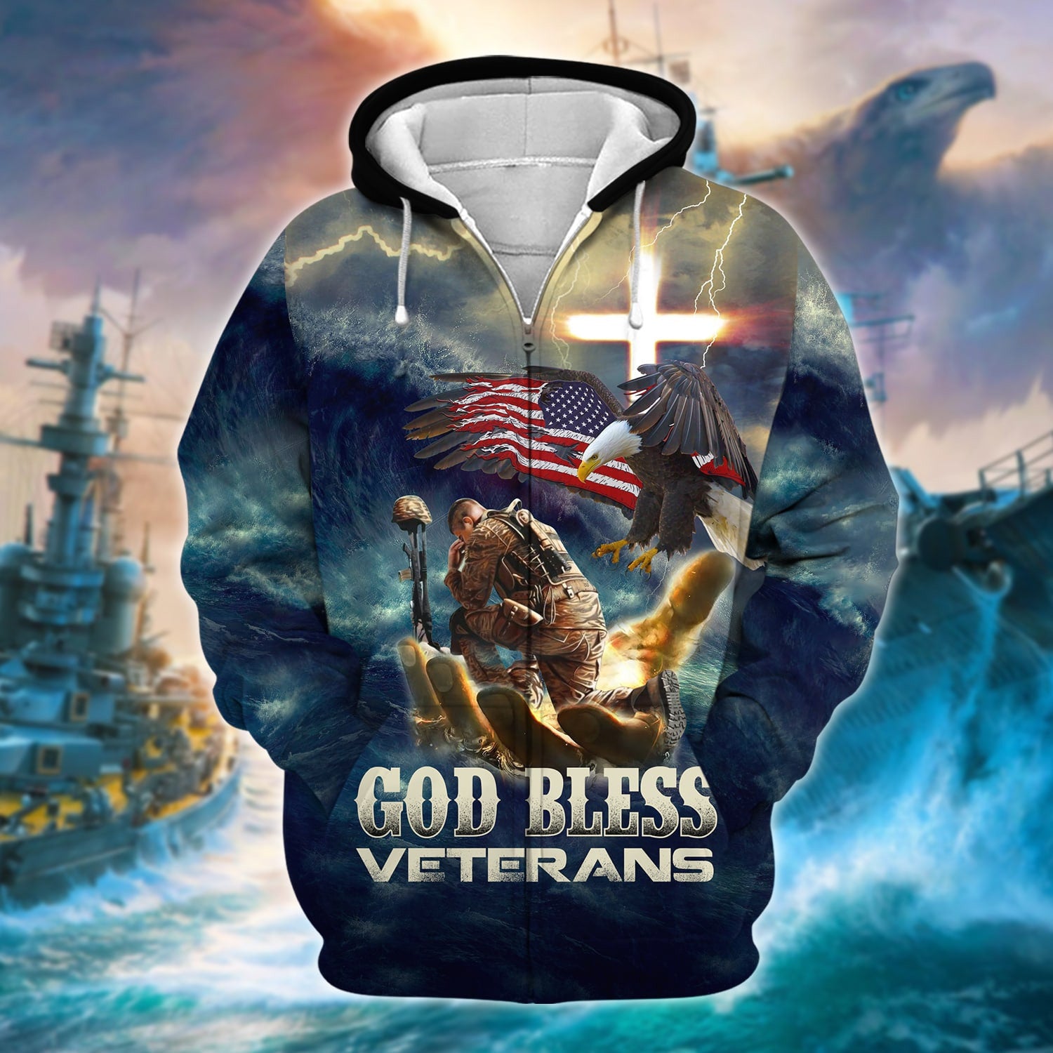 Premium God Bless Veterans Zip Hoodie
