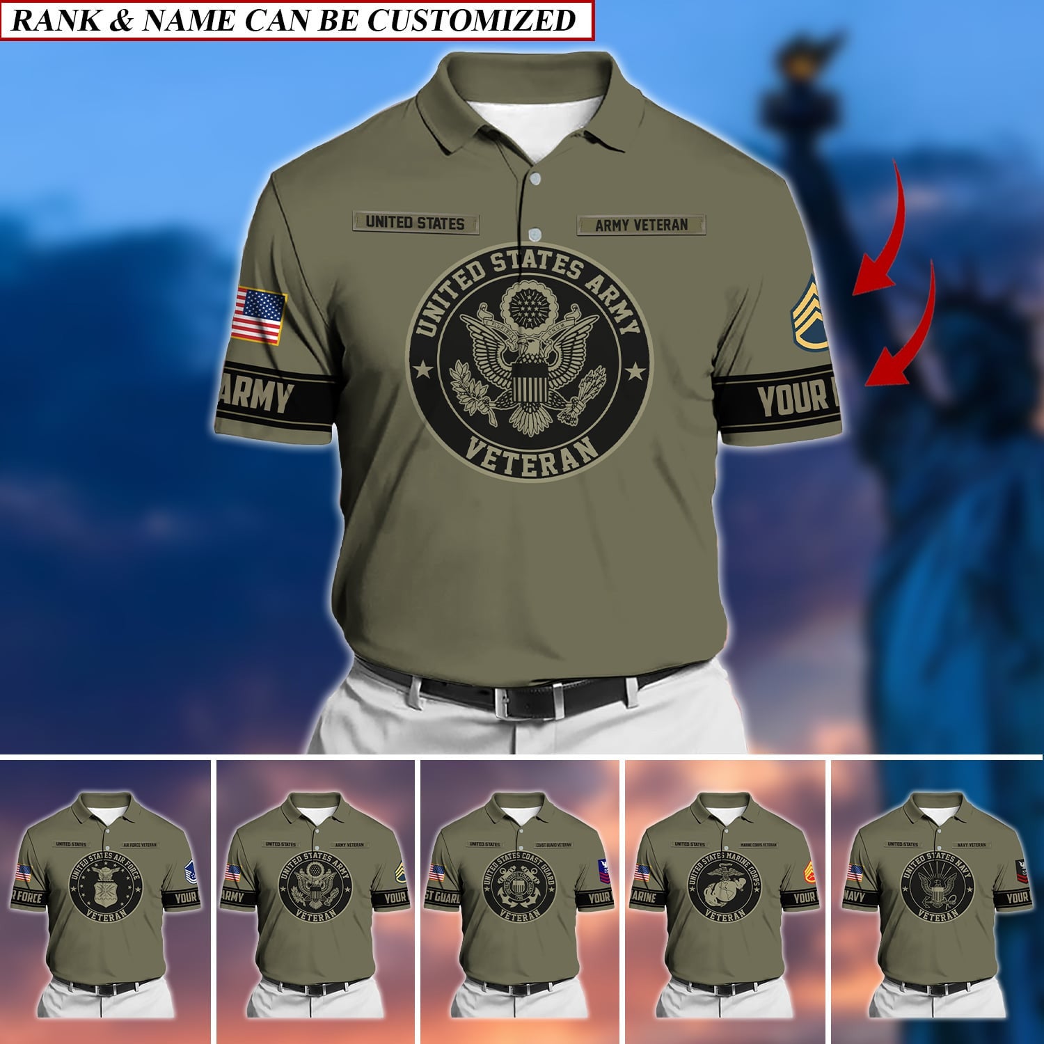 Premium Personalised U.S Multiple Service Veteran Polo Shirt