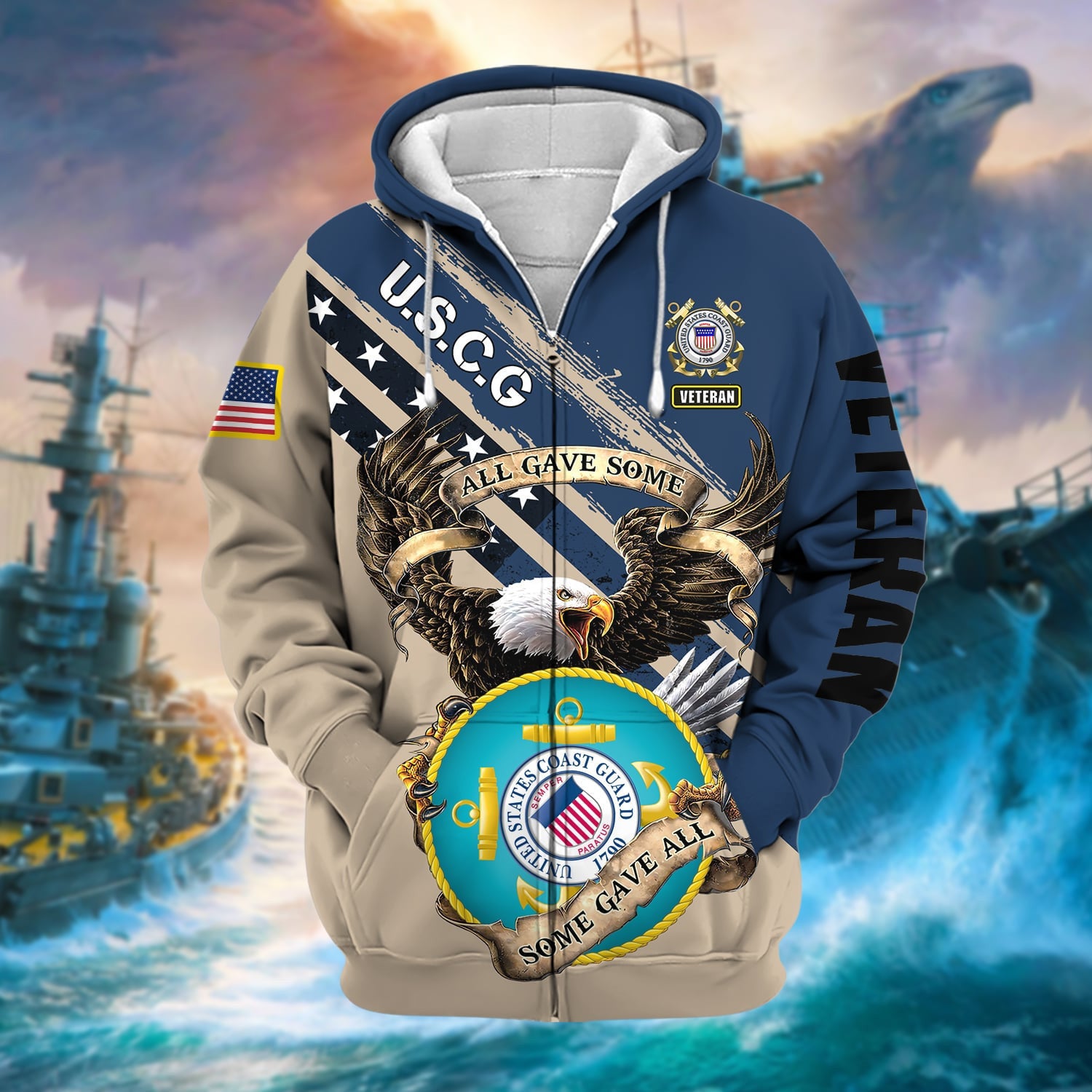 Premium Proudly Served Multiservice US Veteran Zip Hoodie