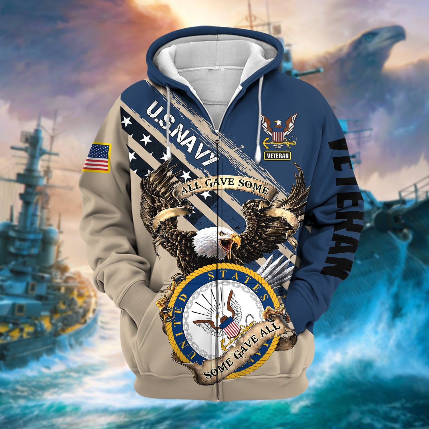 Premium Proudly Served Multiservice US Veteran Zip Hoodie