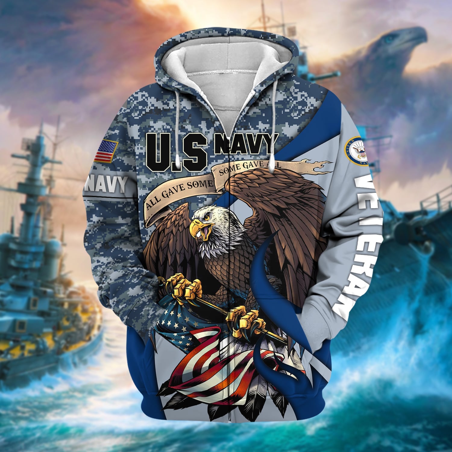 Premium Camo Soldiers Multiservice US Veteran Zip Hoodie
