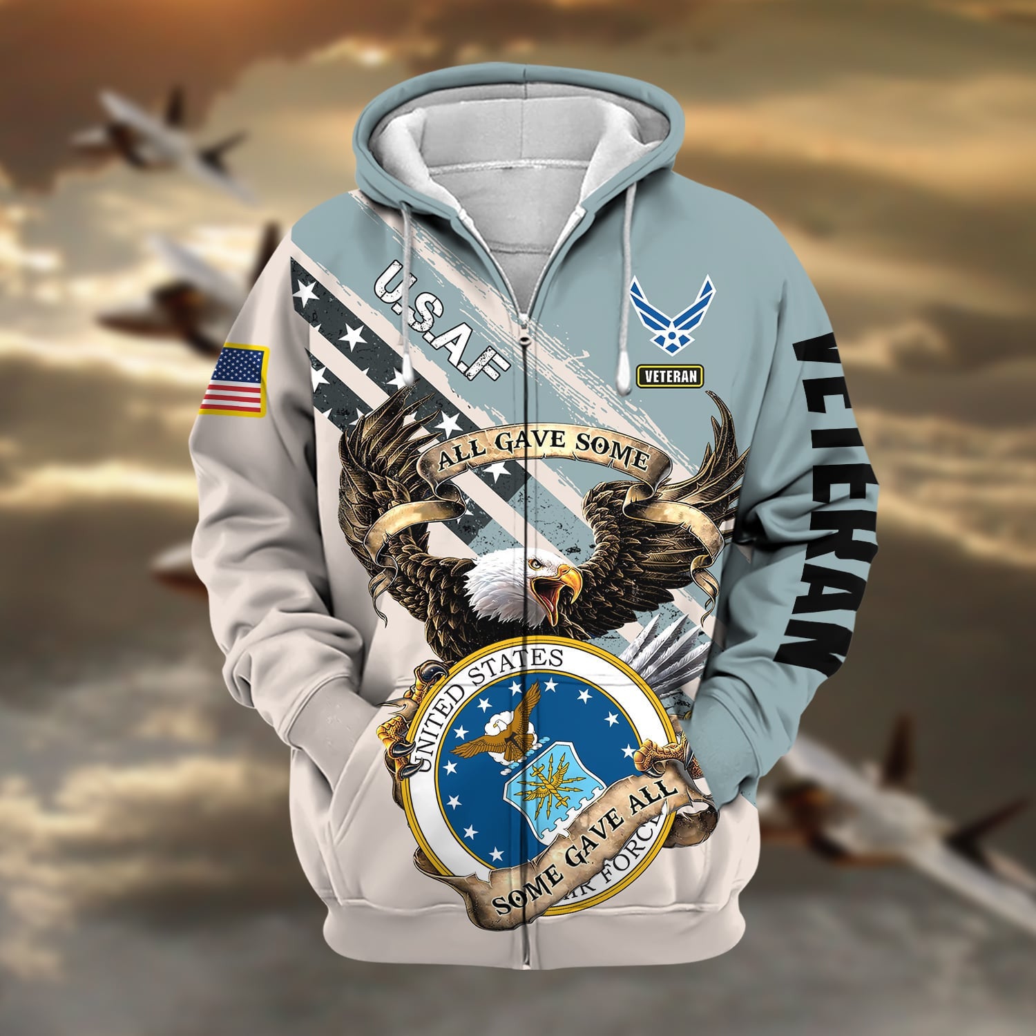 Premium Proudly Served Multiservice US Veteran Zip Hoodie