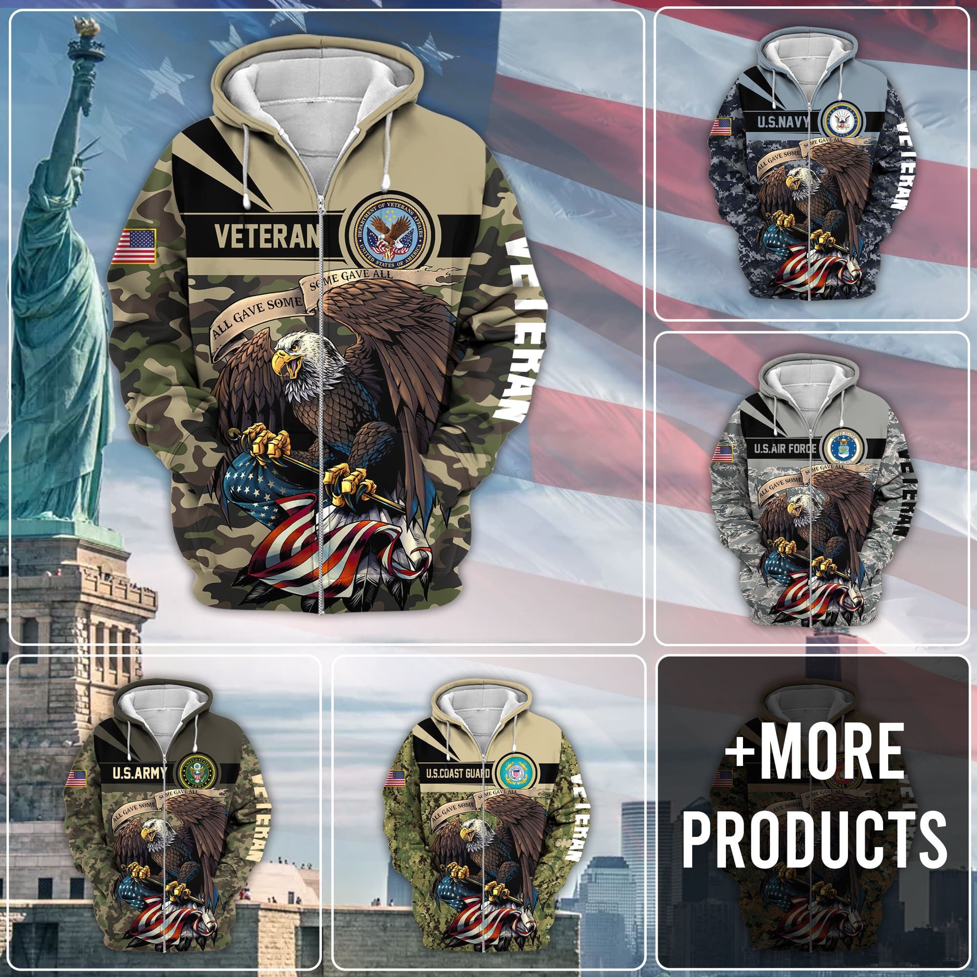 Premium Camo Soldiers Multiservice US Veteran Zip Hoodie
