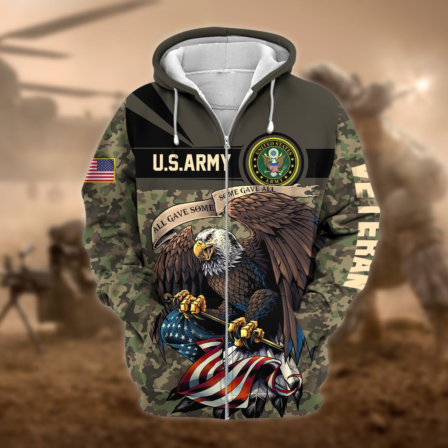 Premium Camo Soldiers Multiservice US Veteran Zip Hoodie