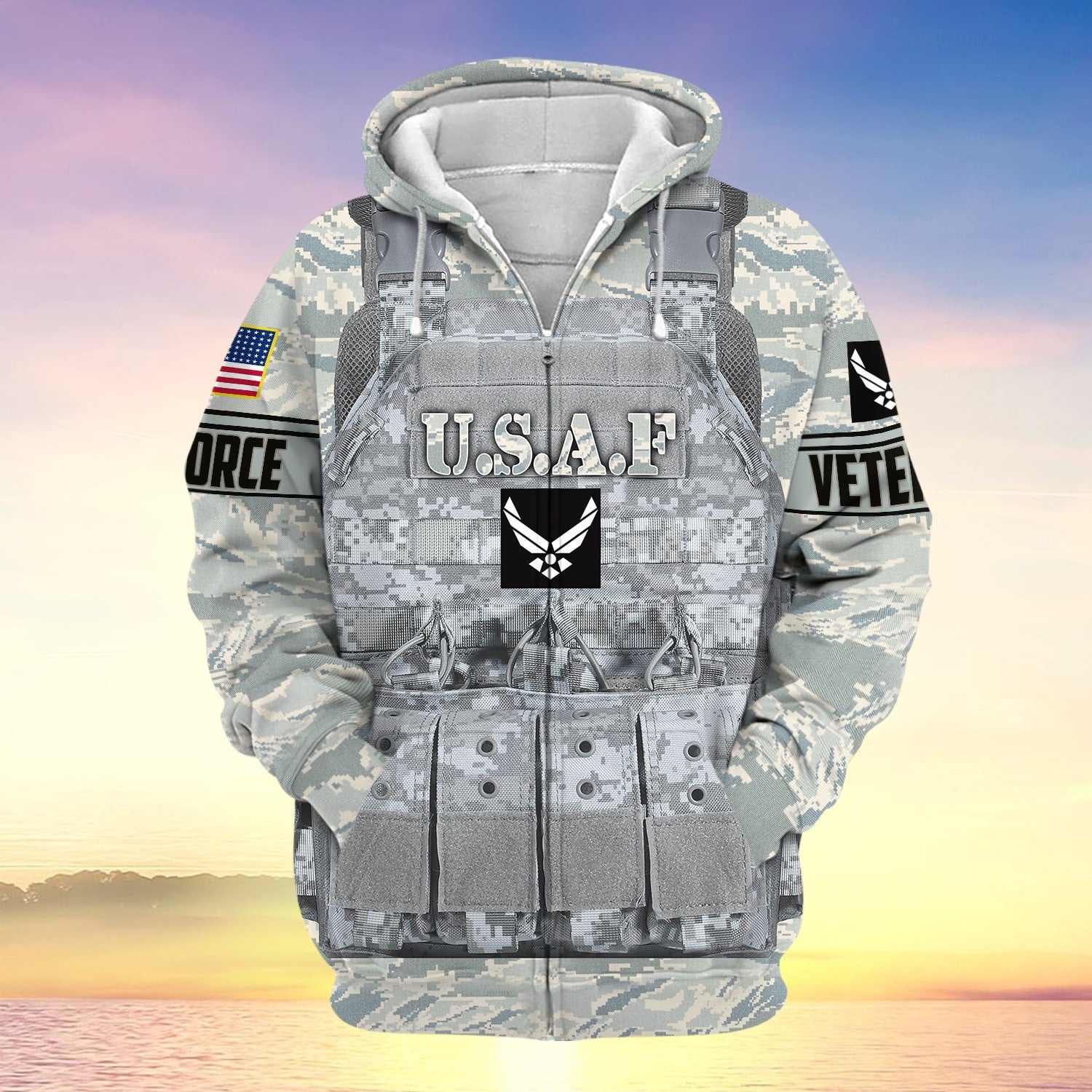Unique Camo Soldiers Multiservice US Veteran Zip Hoodie