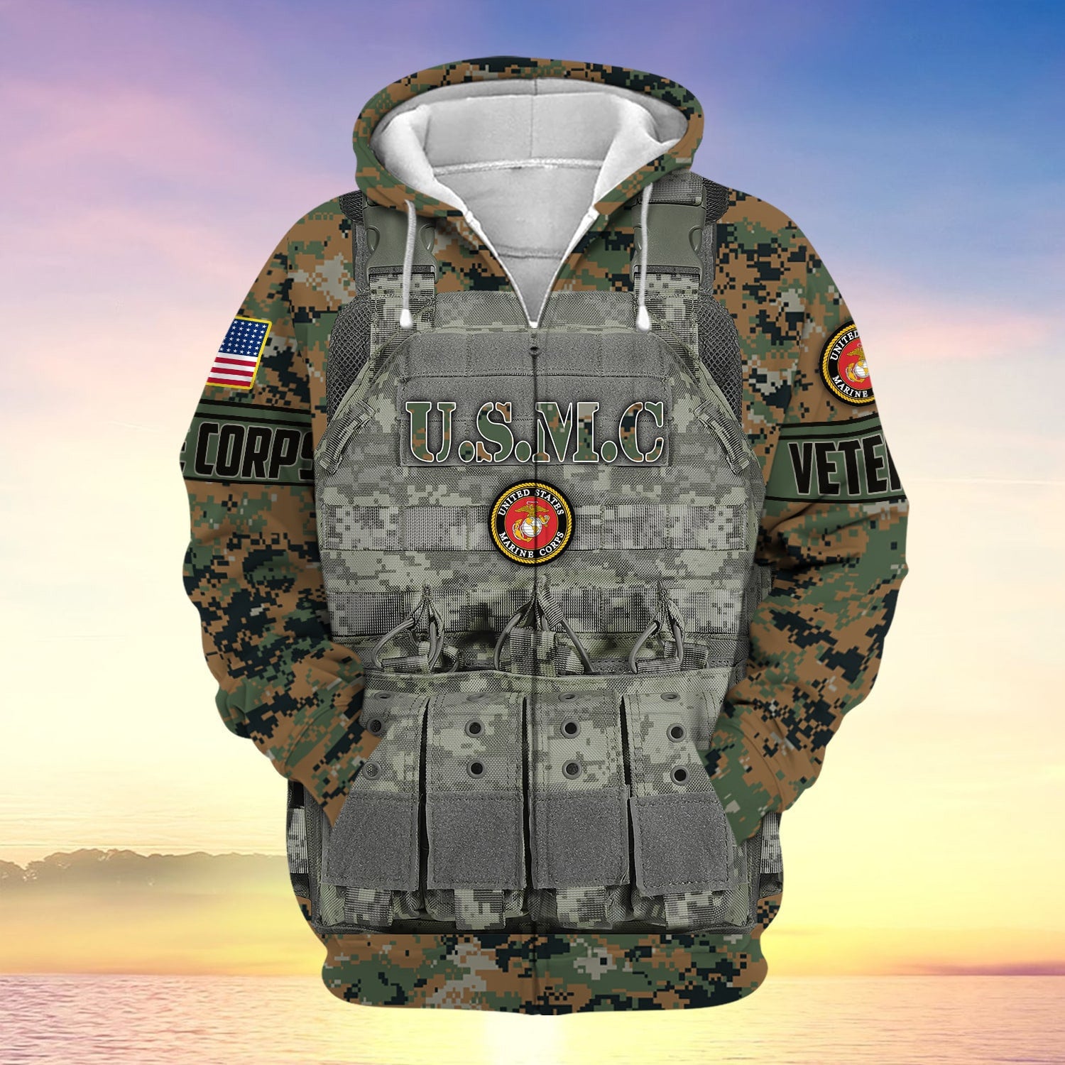 Unique Camo Soldiers Multiservice US Veteran Zip Hoodie