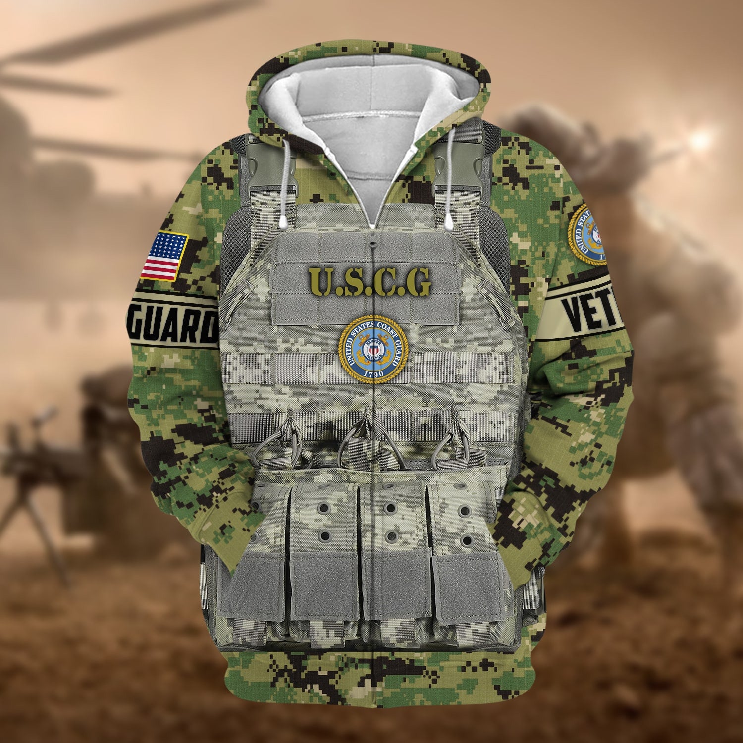 Unique Camo Soldiers Multiservice US Veteran Zip Hoodie