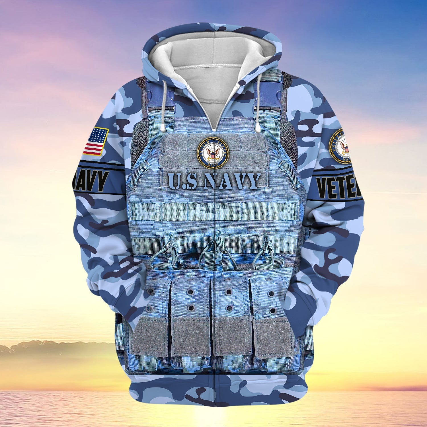 Unique Camo Soldiers Multiservice US Veteran Zip Hoodie