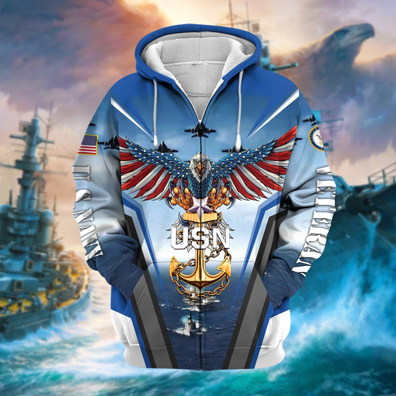 Unique Proudly Served US Veteran Zip Hoodie