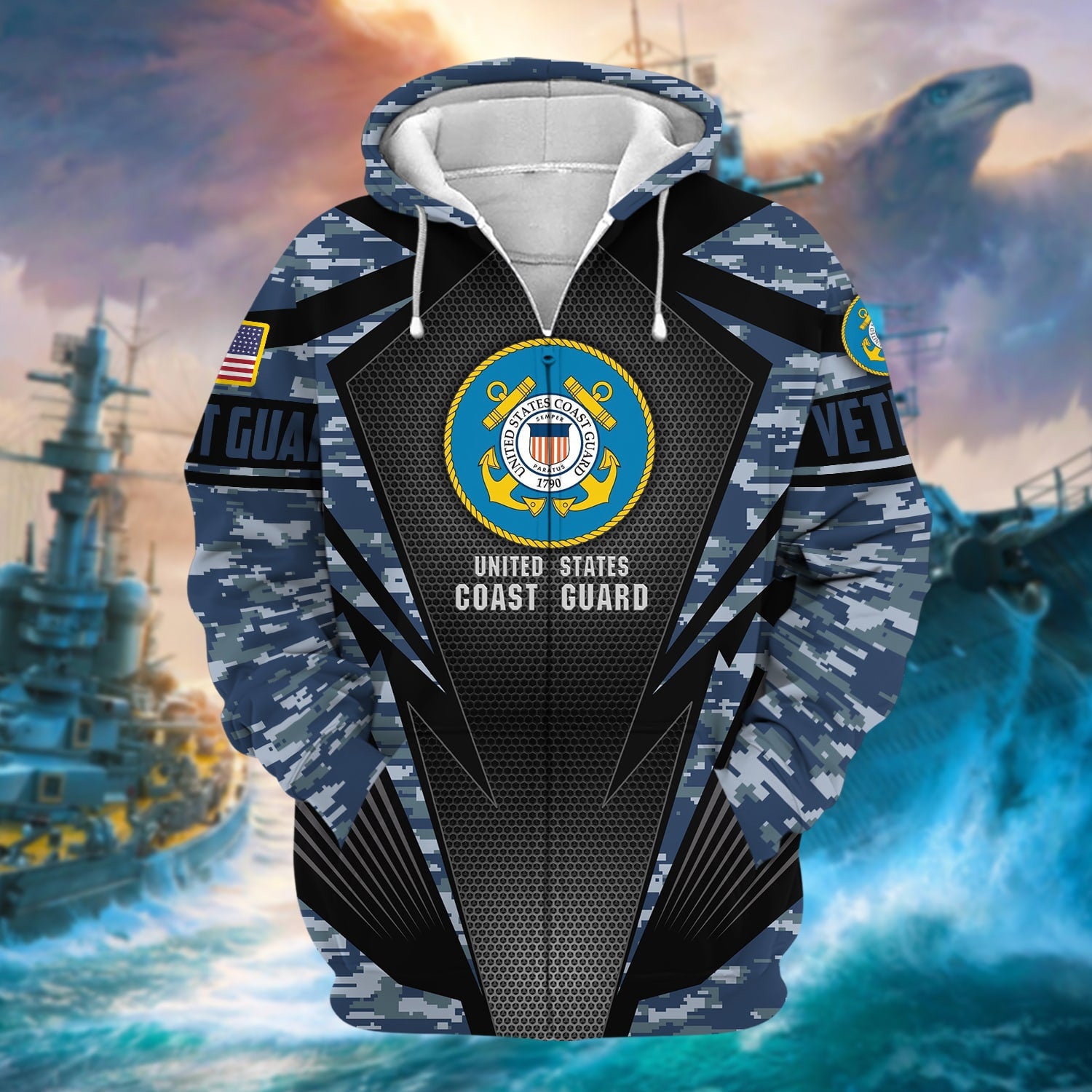 Unique Camo Soldiers Multiservice US Veteran Zip Hoodie