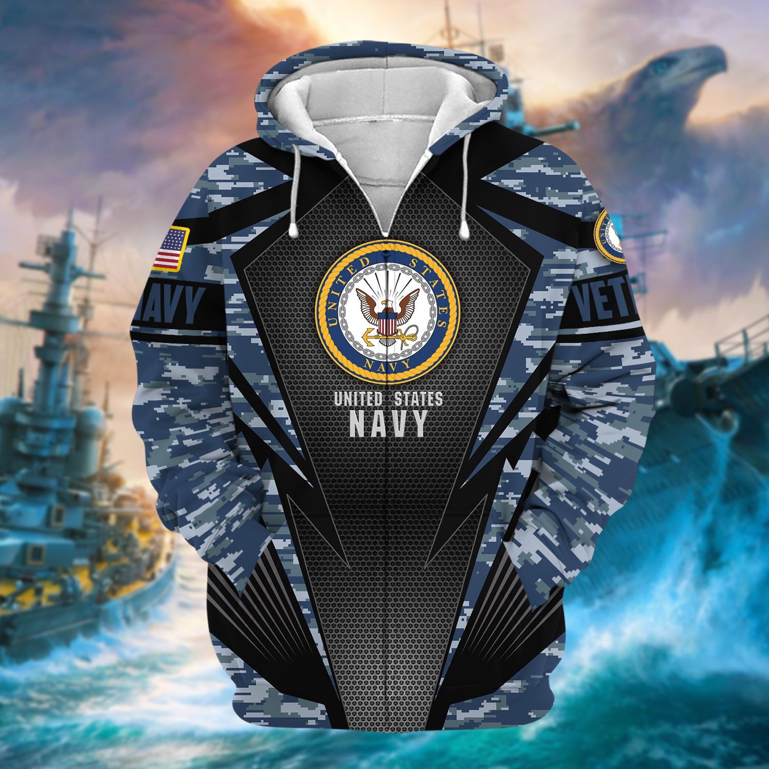 Unique Camo Soldiers Multiservice US Veteran Zip Hoodie