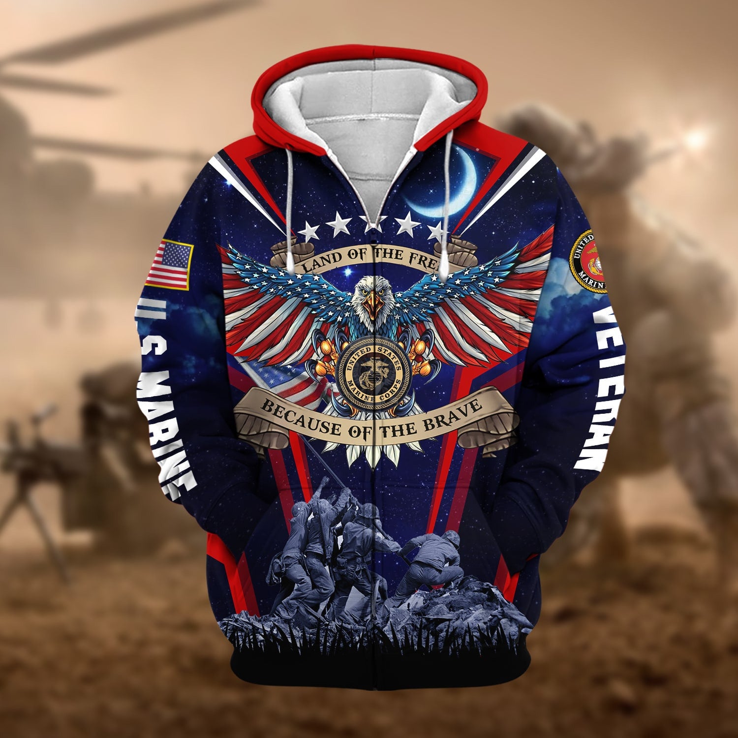 Premium Land Of The Free US Veteran Zip Hoodie
