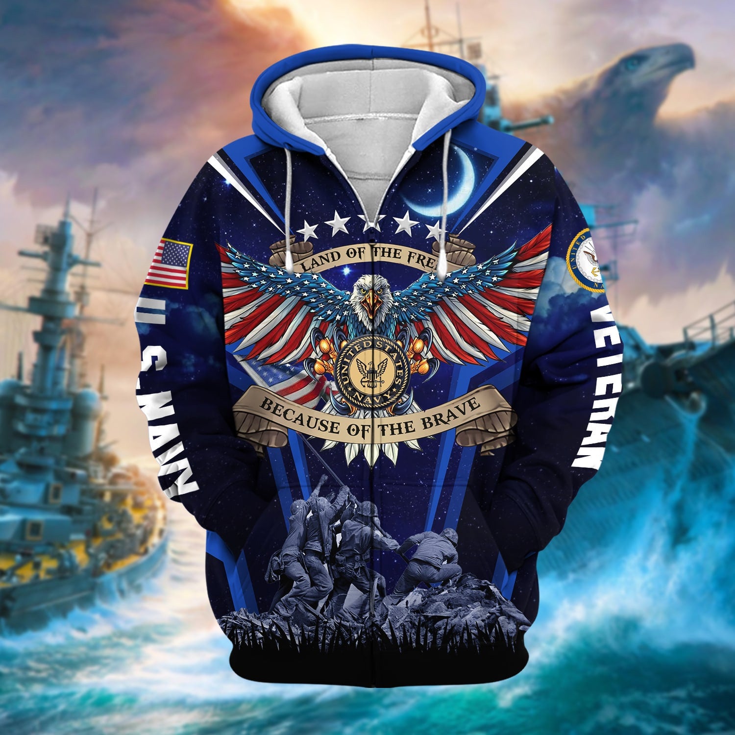 Premium Land Of The Free US Veteran Zip Hoodie