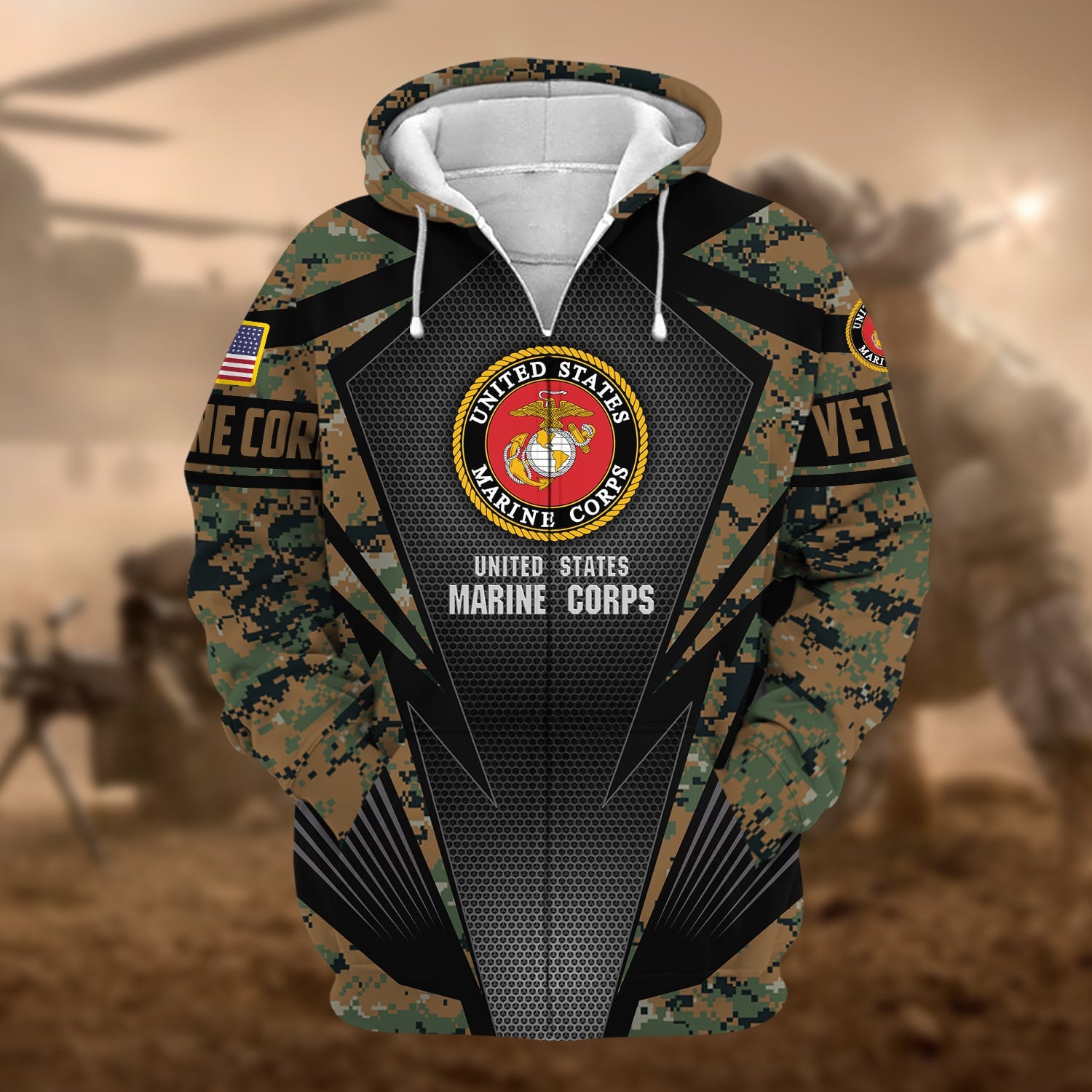 Unique Camo Soldiers Multiservice US Veteran Zip Hoodie