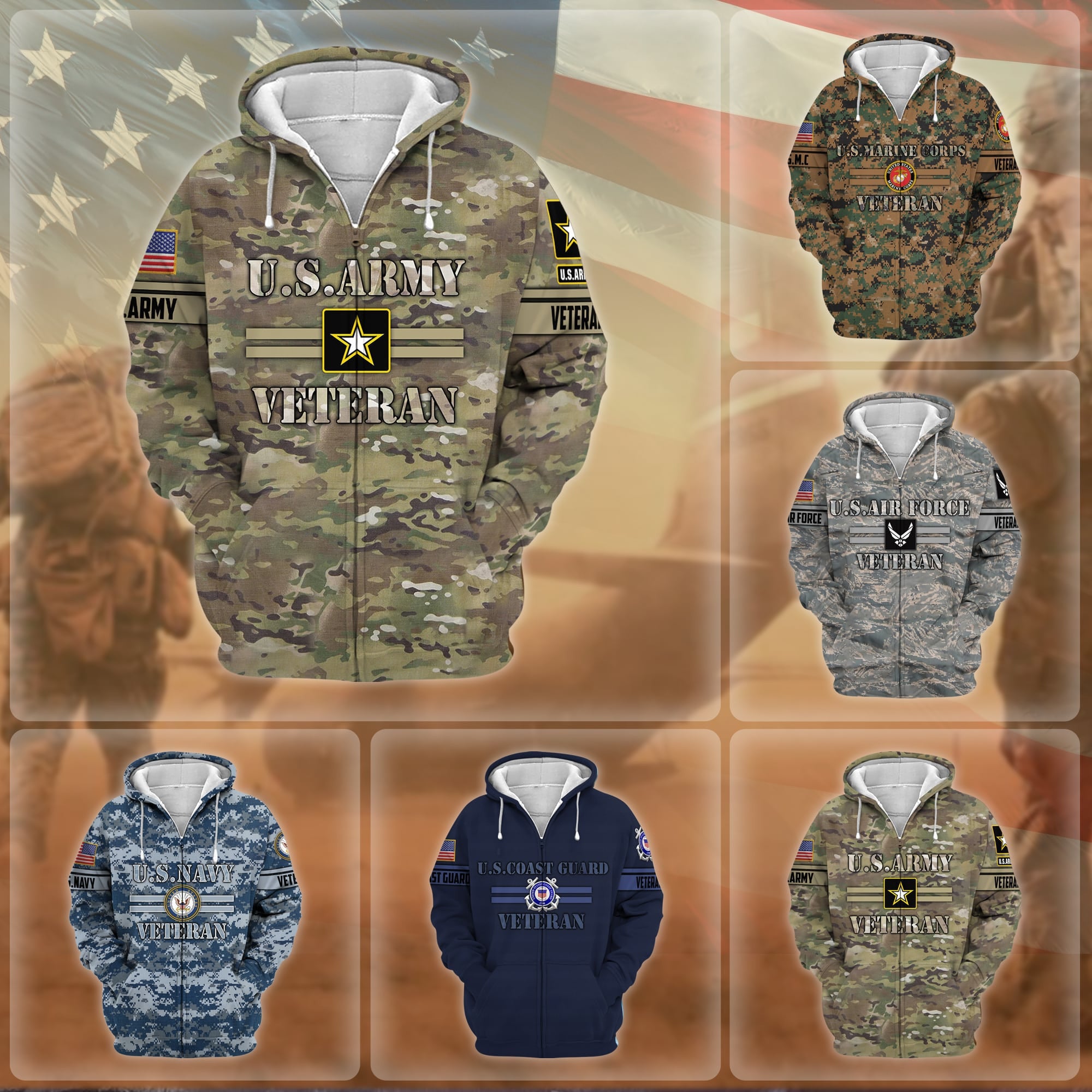 Unique Camo Soldiers US Veteran Zip Hoodie