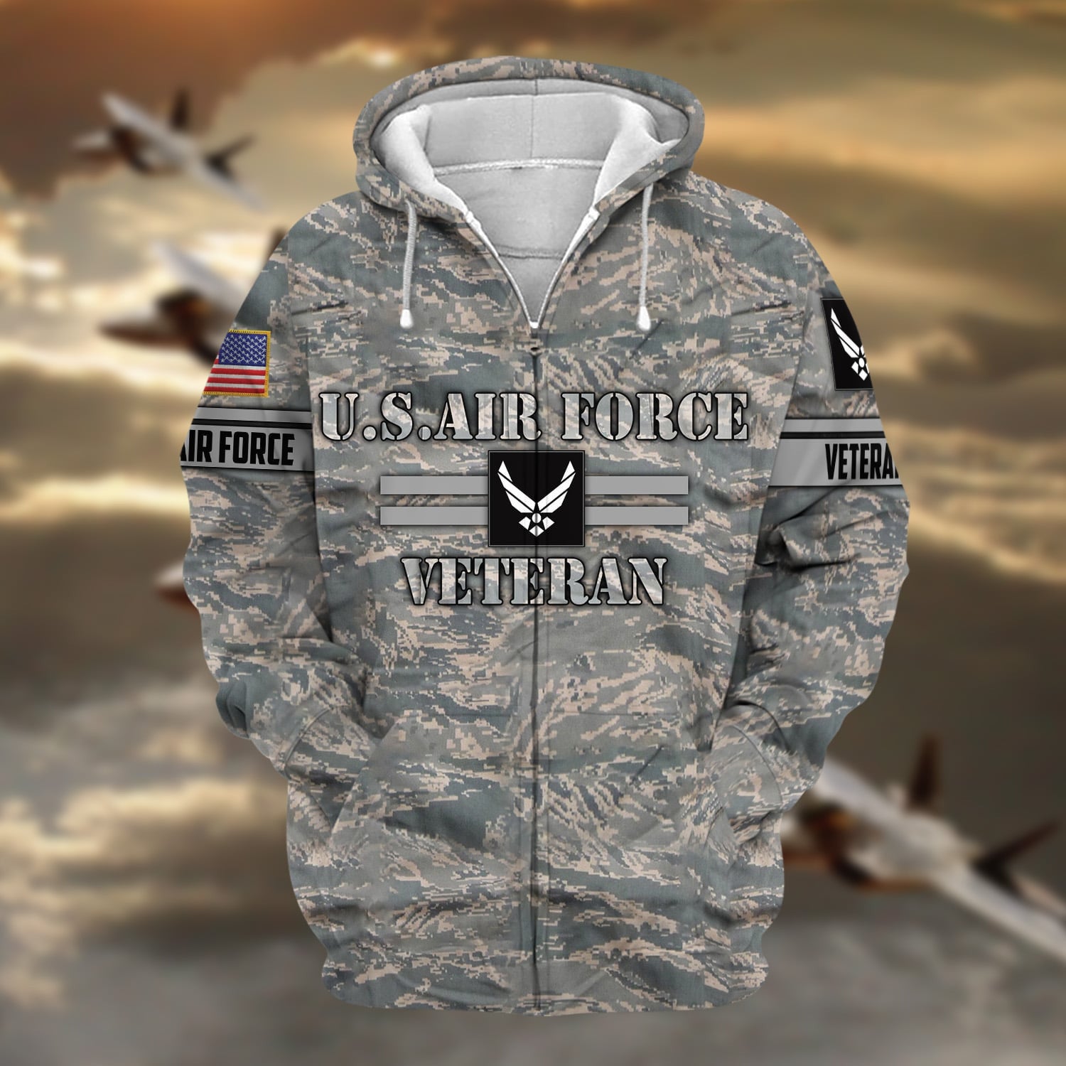 Unique Camo Soldiers US Veteran Zip Hoodie
