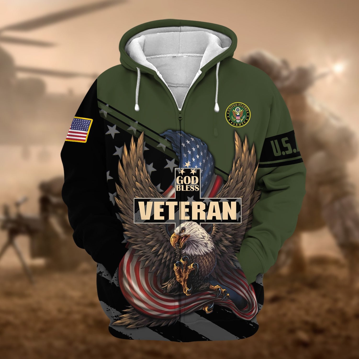 Premium God Bless US Veteran Zip Hoodie