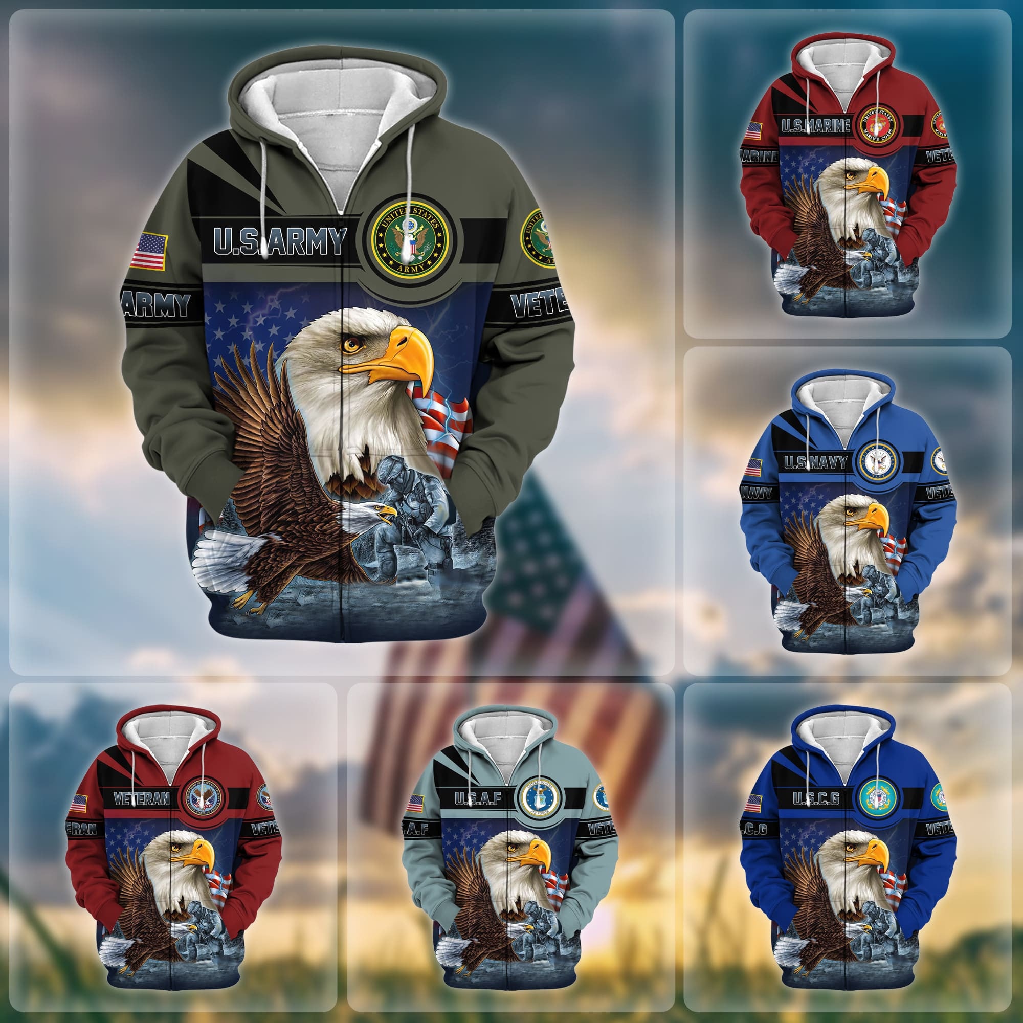 Unique US Veteran Eagle Zip Hoodie
