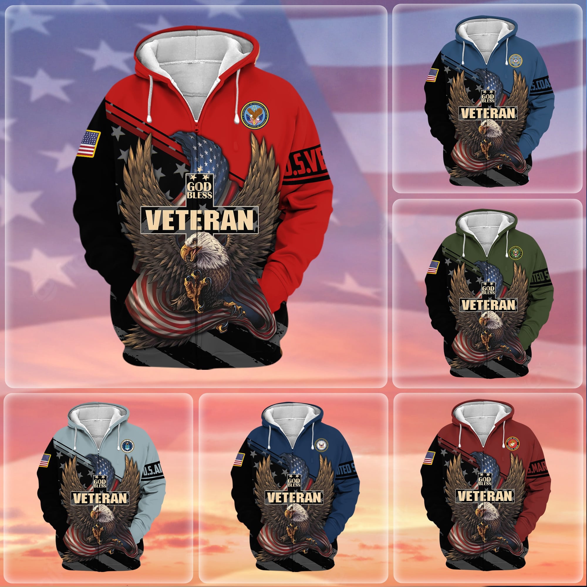 Premium God Bless US Veteran Zip Hoodie