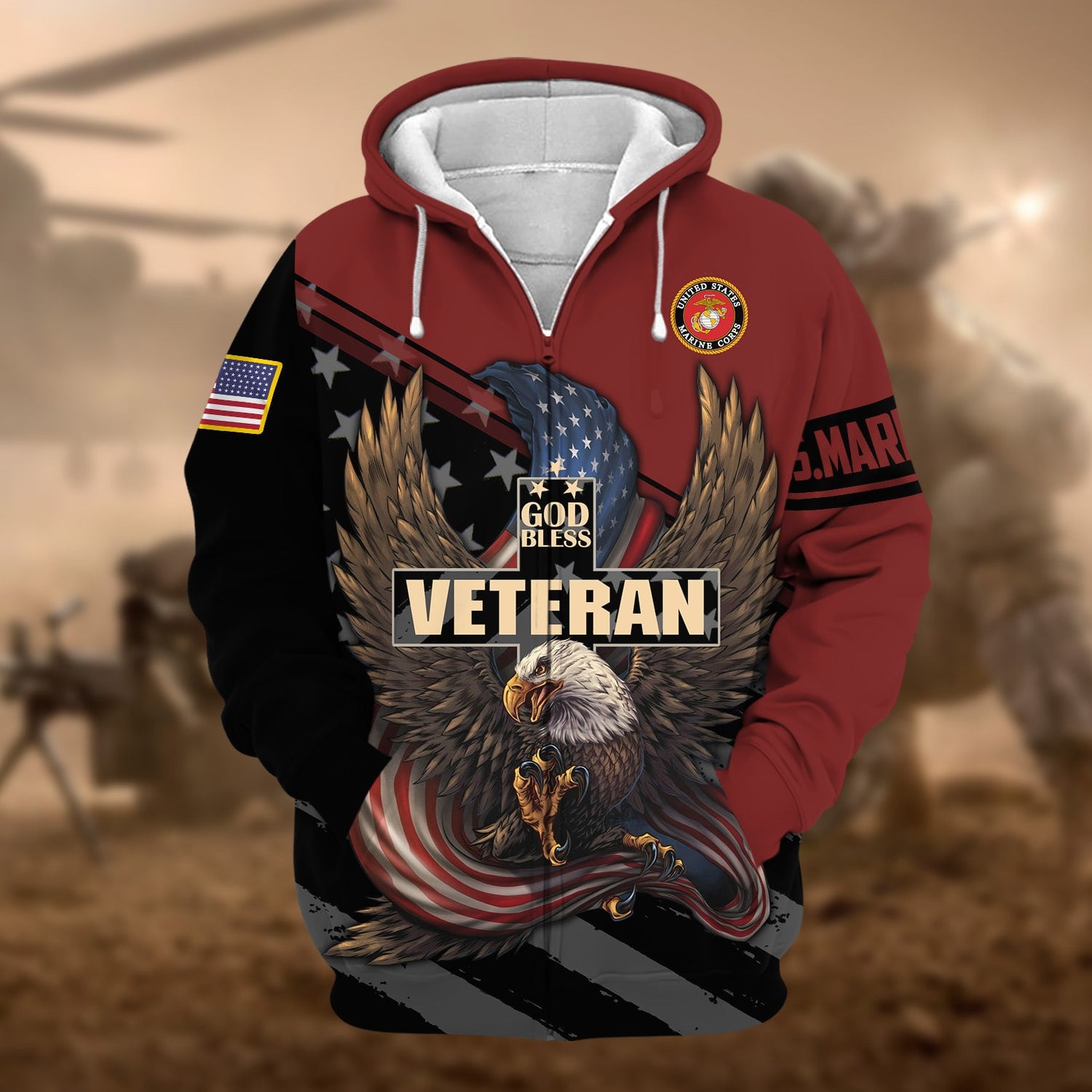 Premium God Bless US Veteran Zip Hoodie