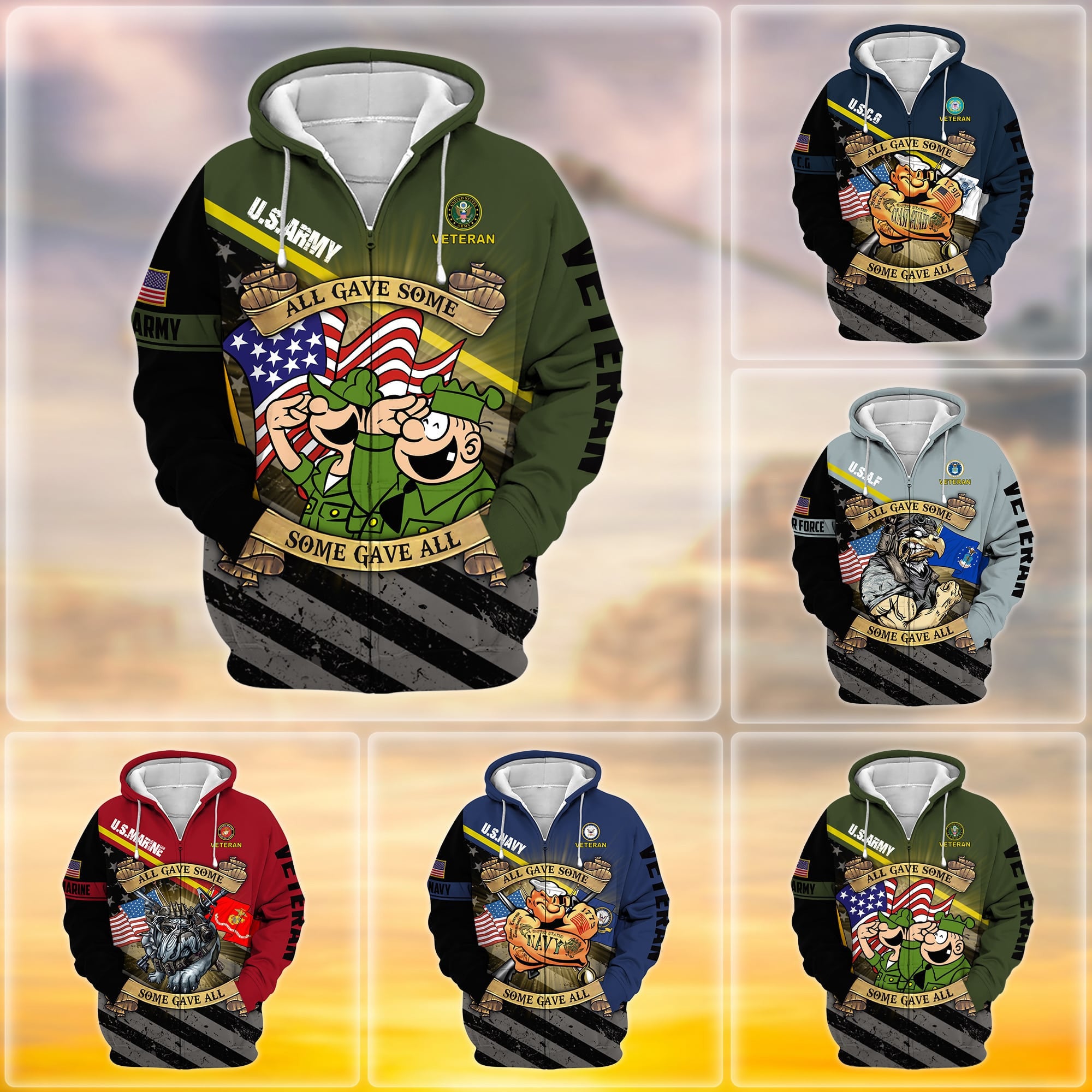 Premium Proudly Served Multiservice US Veteran Zip Hoodie