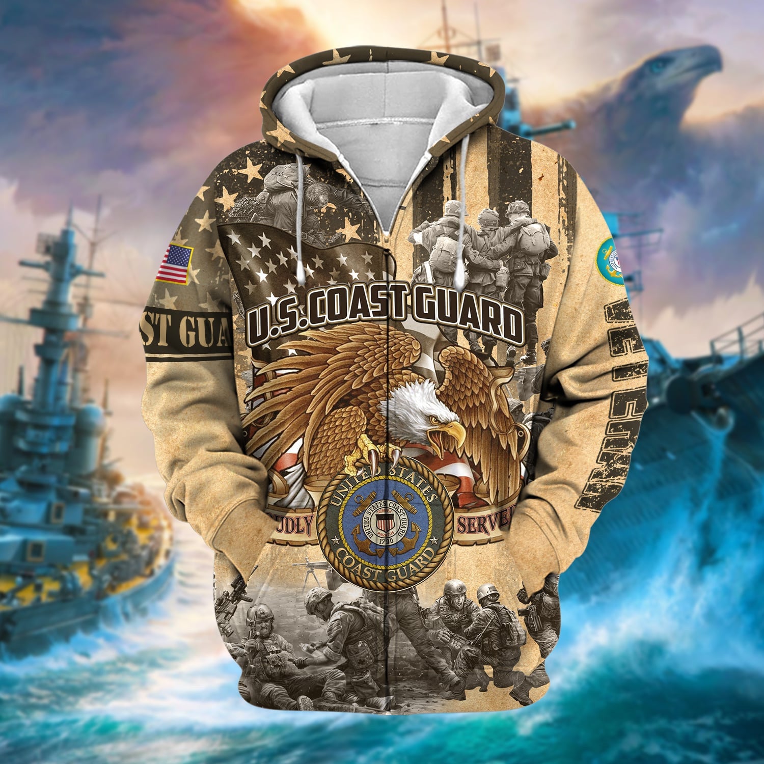 Premium Proudly Served Multiservice US Veteran Zip Hoodie