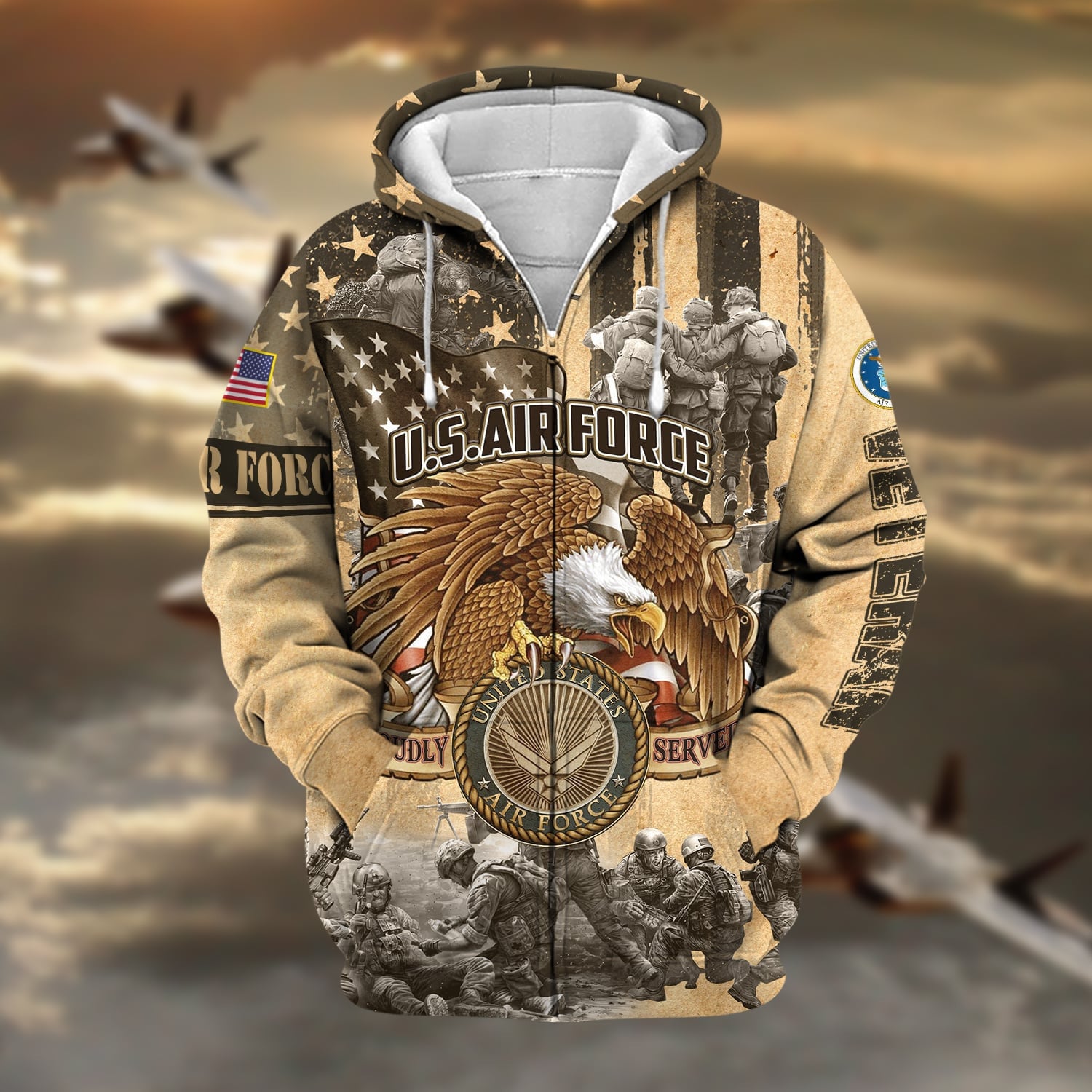 Premium Proudly Served Multiservice US Veteran Zip Hoodie