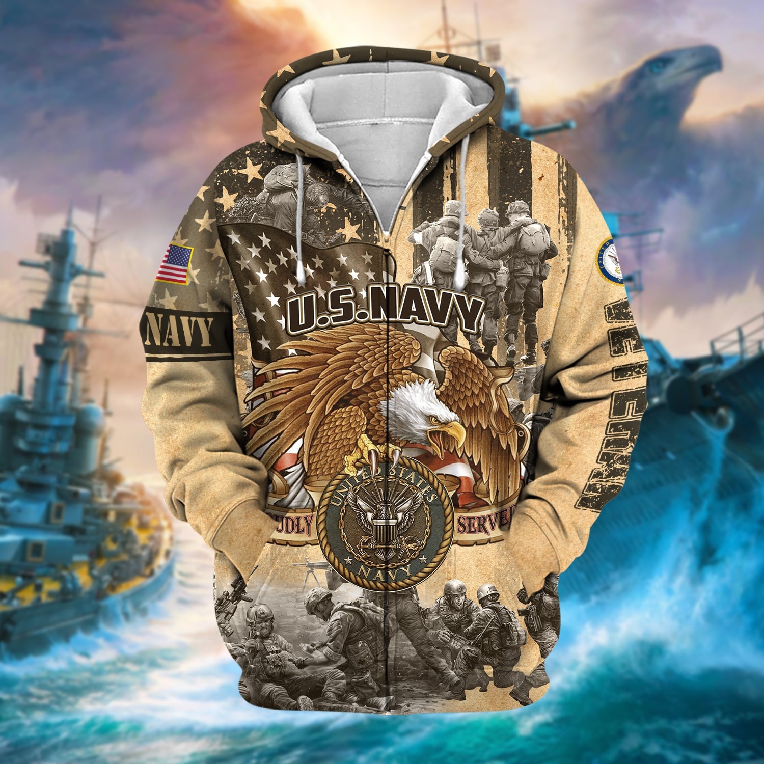 Premium Proudly Served Multiservice US Veteran Zip Hoodie