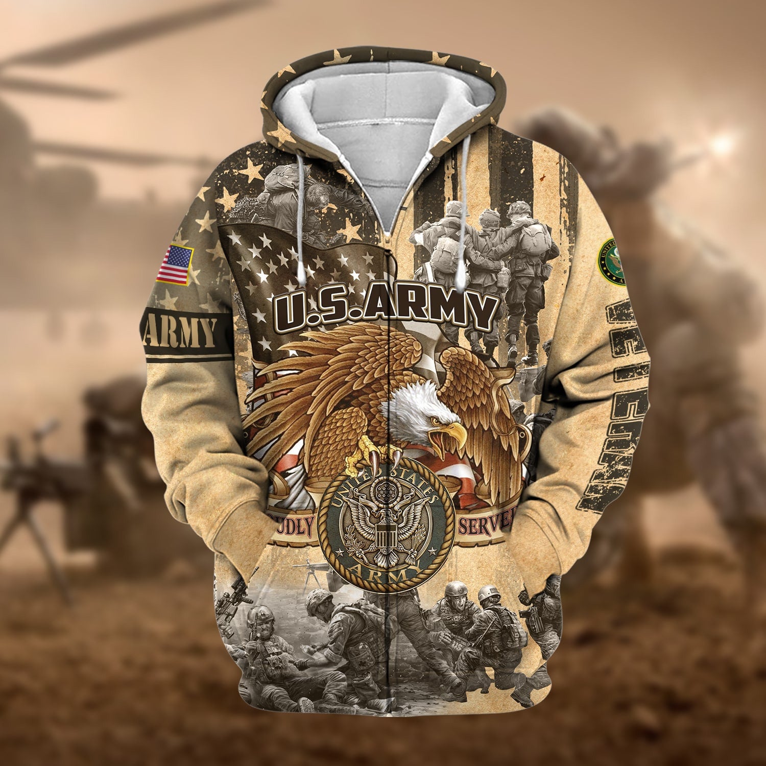 Premium Proudly Served Multiservice US Veteran Zip Hoodie