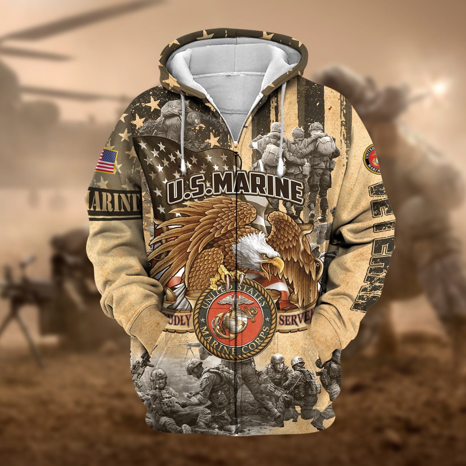 Premium Proudly Served Multiservice US Veteran Zip Hoodie