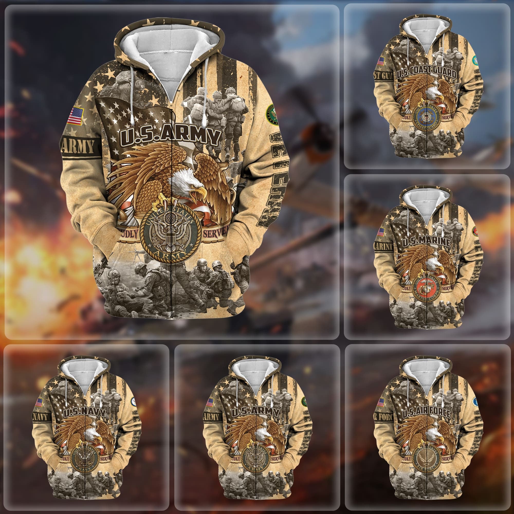 Premium Proudly Served Multiservice US Veteran Zip Hoodie