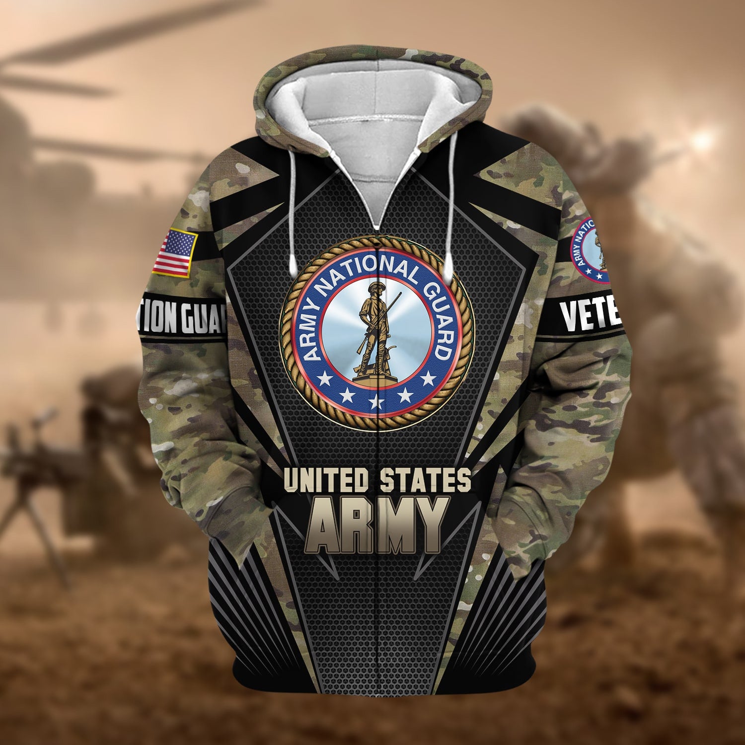 Unique Camo Soldiers US Veteran Zip Hoodie