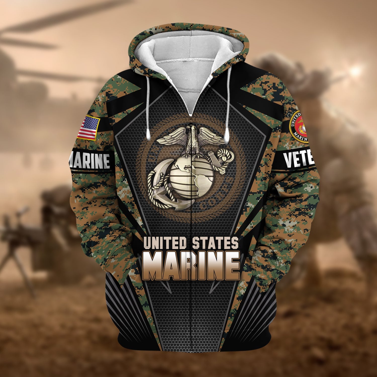 Unique Camo Soldiers US Veteran Zip Hoodie