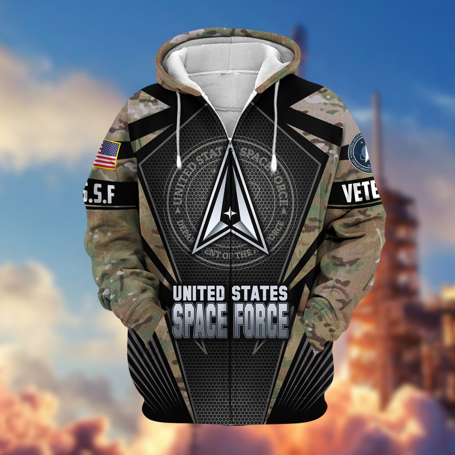 Unique Camo Soldiers US Veteran Zip Hoodie